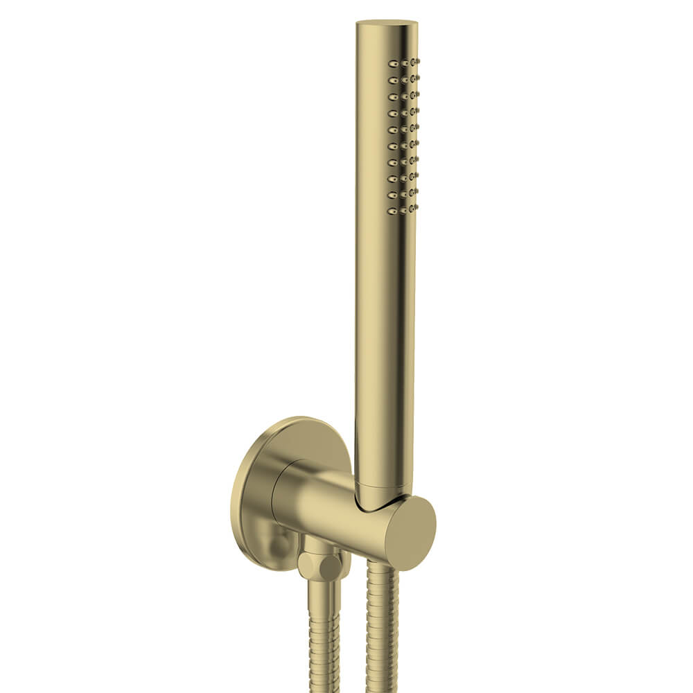 VOS Round Water Outlet & Holder with Metal Hose & Slim Hand Shower- Brushed Brass