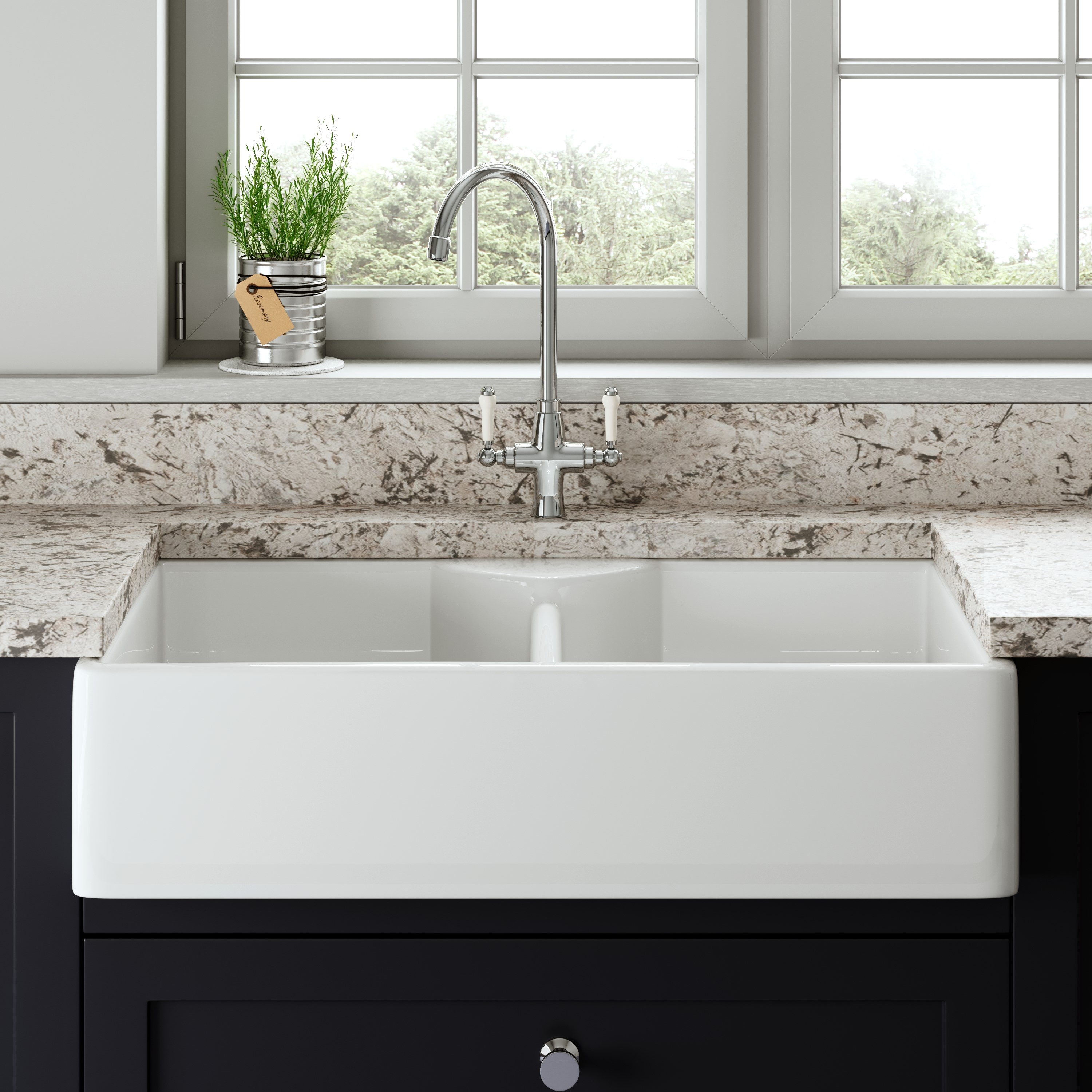 Butler & Rose Large Double Belfast / Butler Ceramic Fireclay Kitchen Sink - 895 x 550mm