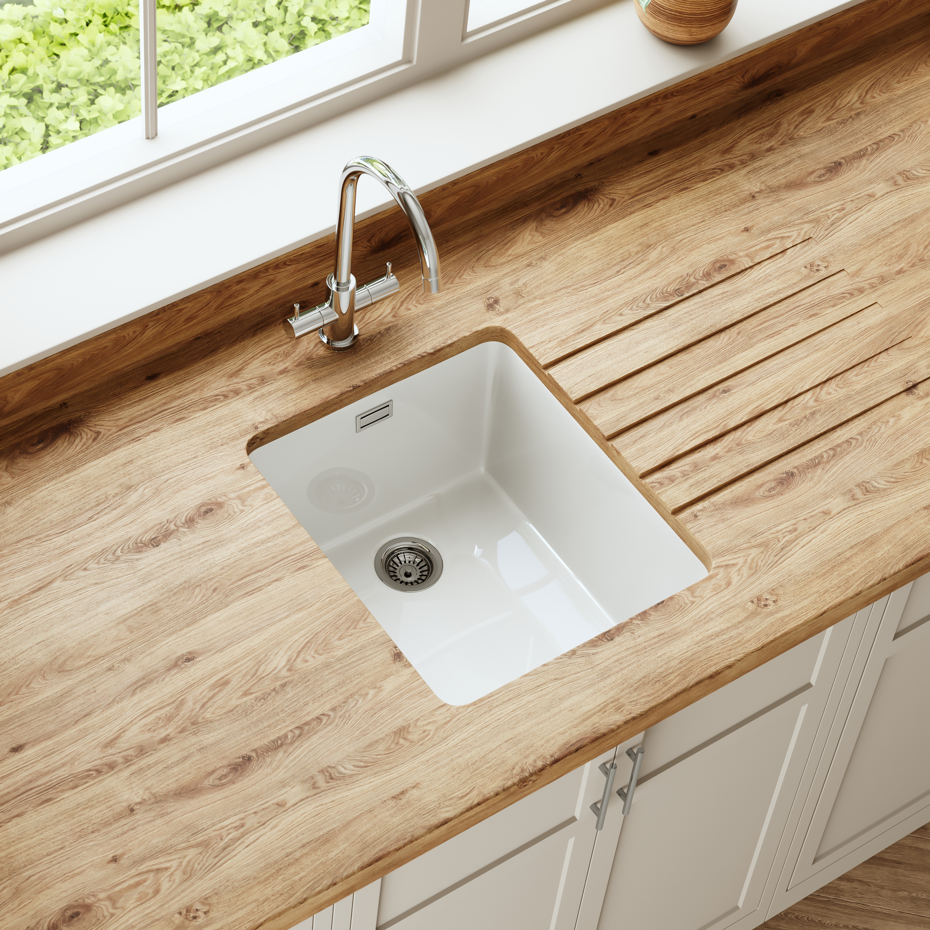 Butler & Rose Bryn Compact 1 Bowl White Fine Fireclay Ceramic Inset/Undermount Kitchen Sink - 370mm x 460mm