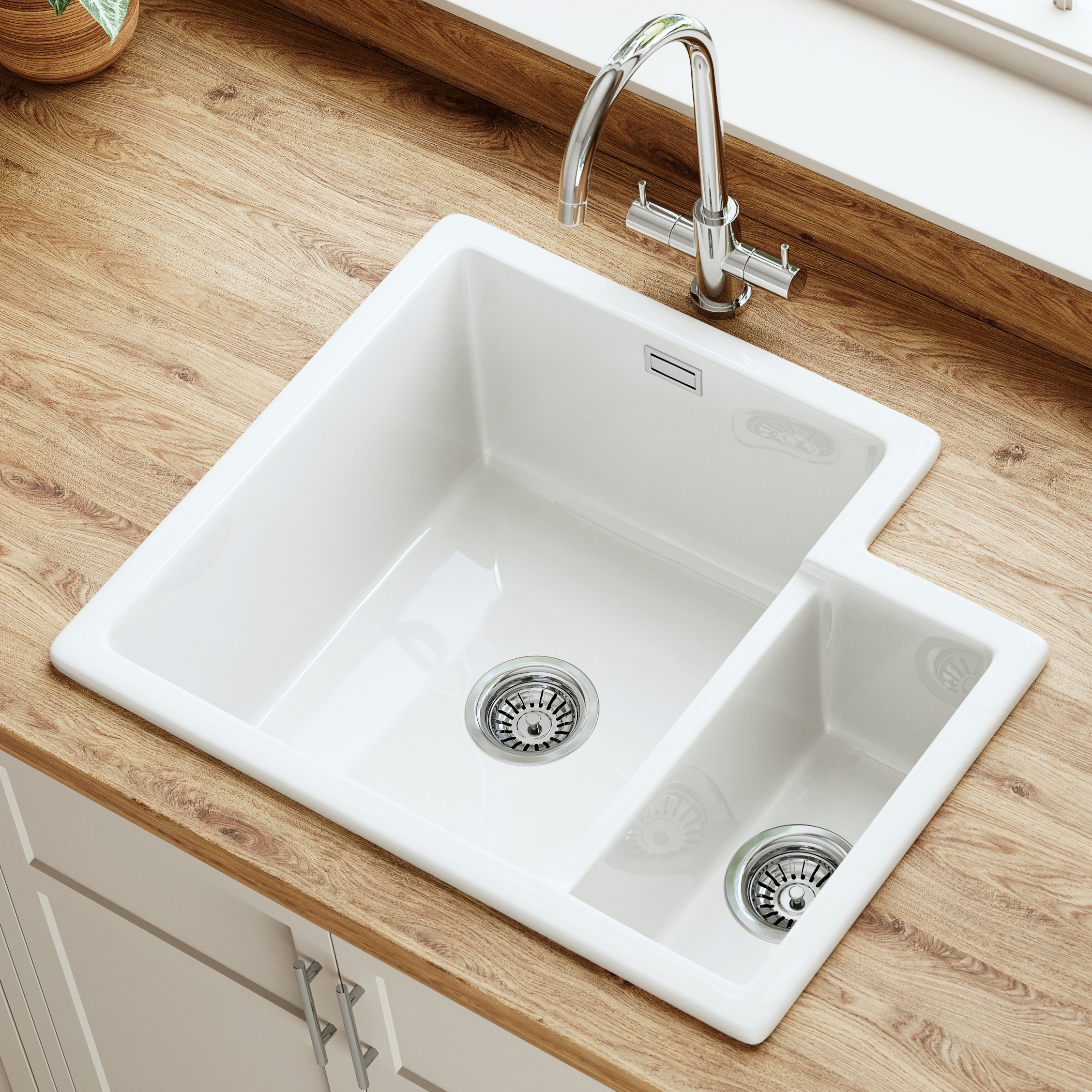 Butler & Rose Bryn 1.5 Bowl White Fine Fireclay Ceramic Inset/Undermount Kitchen Sink - 549 x 441mm