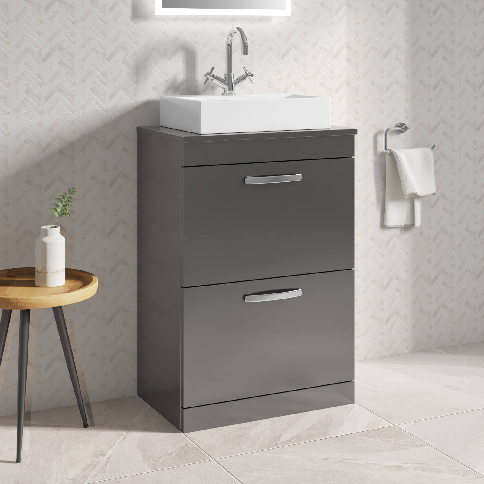 Emily 600mm Floorstanding 2 Drawer Vanity Unit and Countertop