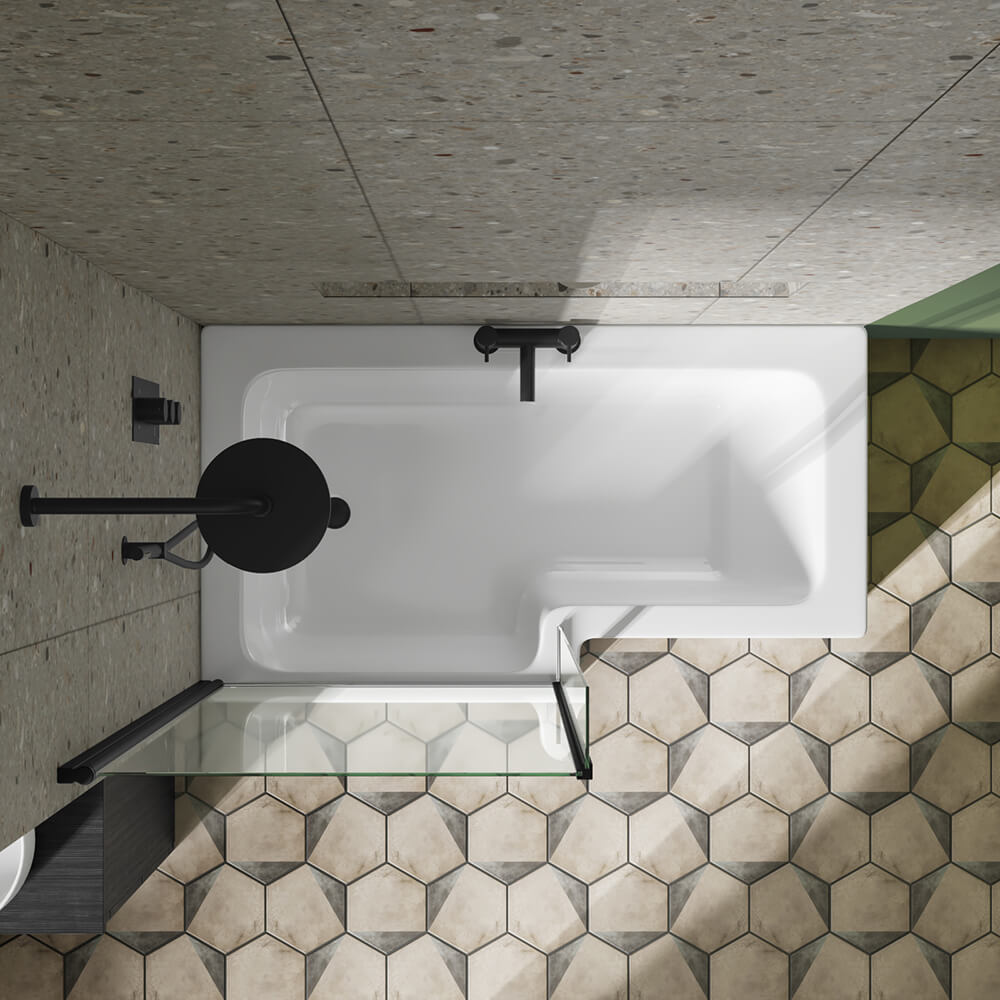 Vellamo City 6mm Matt Black Square Corner Hinged Bath Screen With Fixed Return - 1430 x 780mm