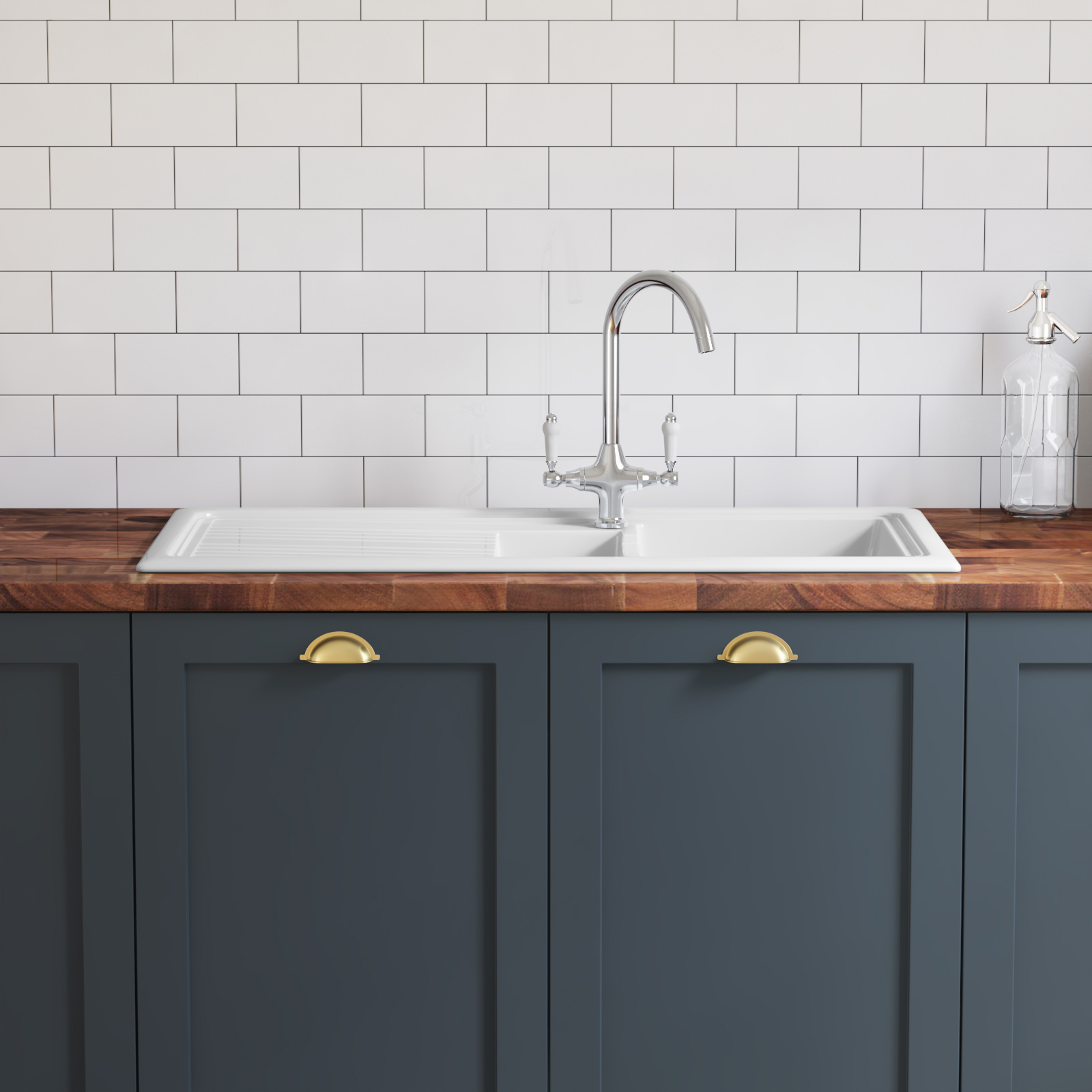 Butler & Rose 1.5 Bowl Ceramic Kitchen Sink and Butler & Rose Victoria Traditional Kitchen Mixer Tap