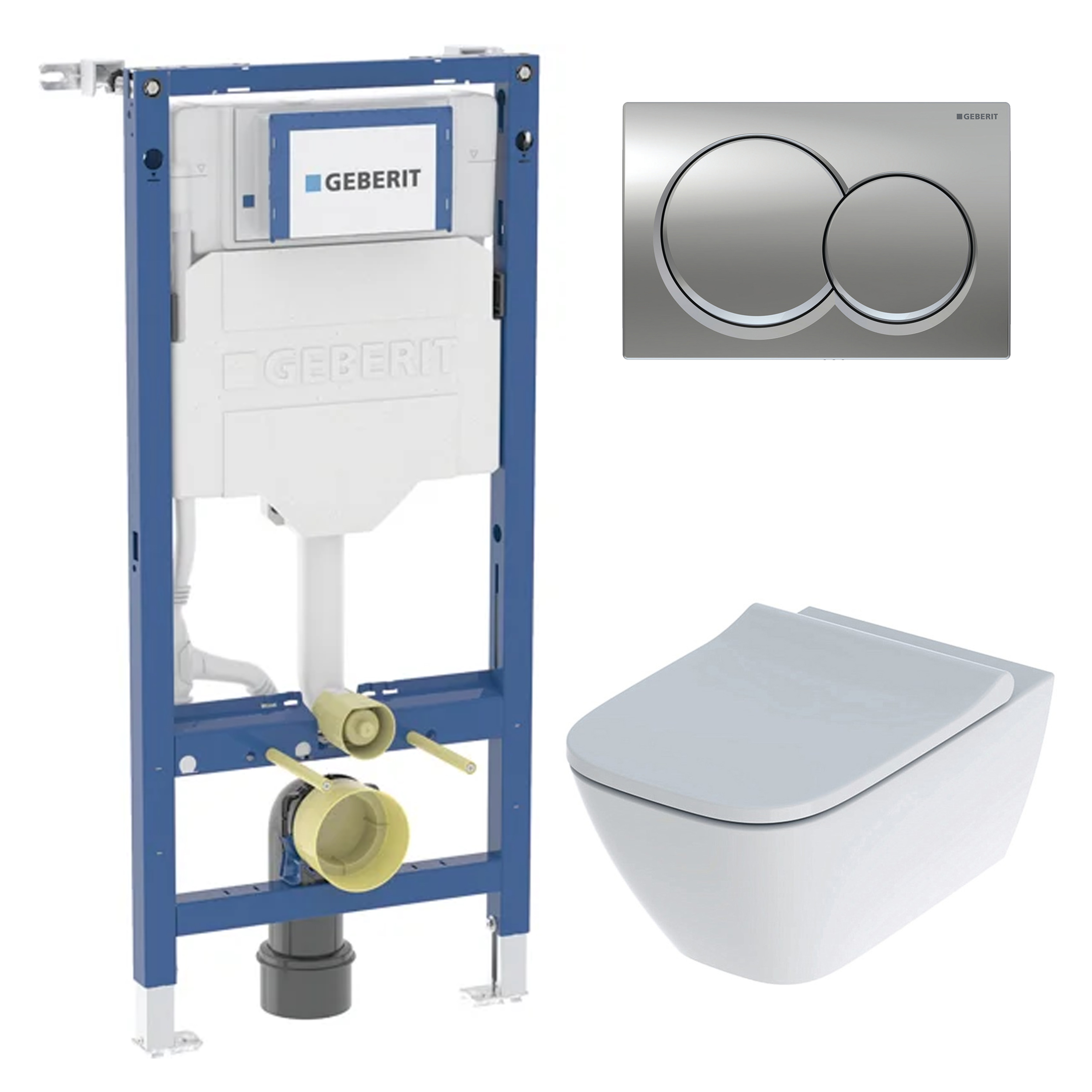 Geberit Rimless Wall Hung Toilet, Duofix Frame, Cistern, Flush Plate & Soft Close Seat
