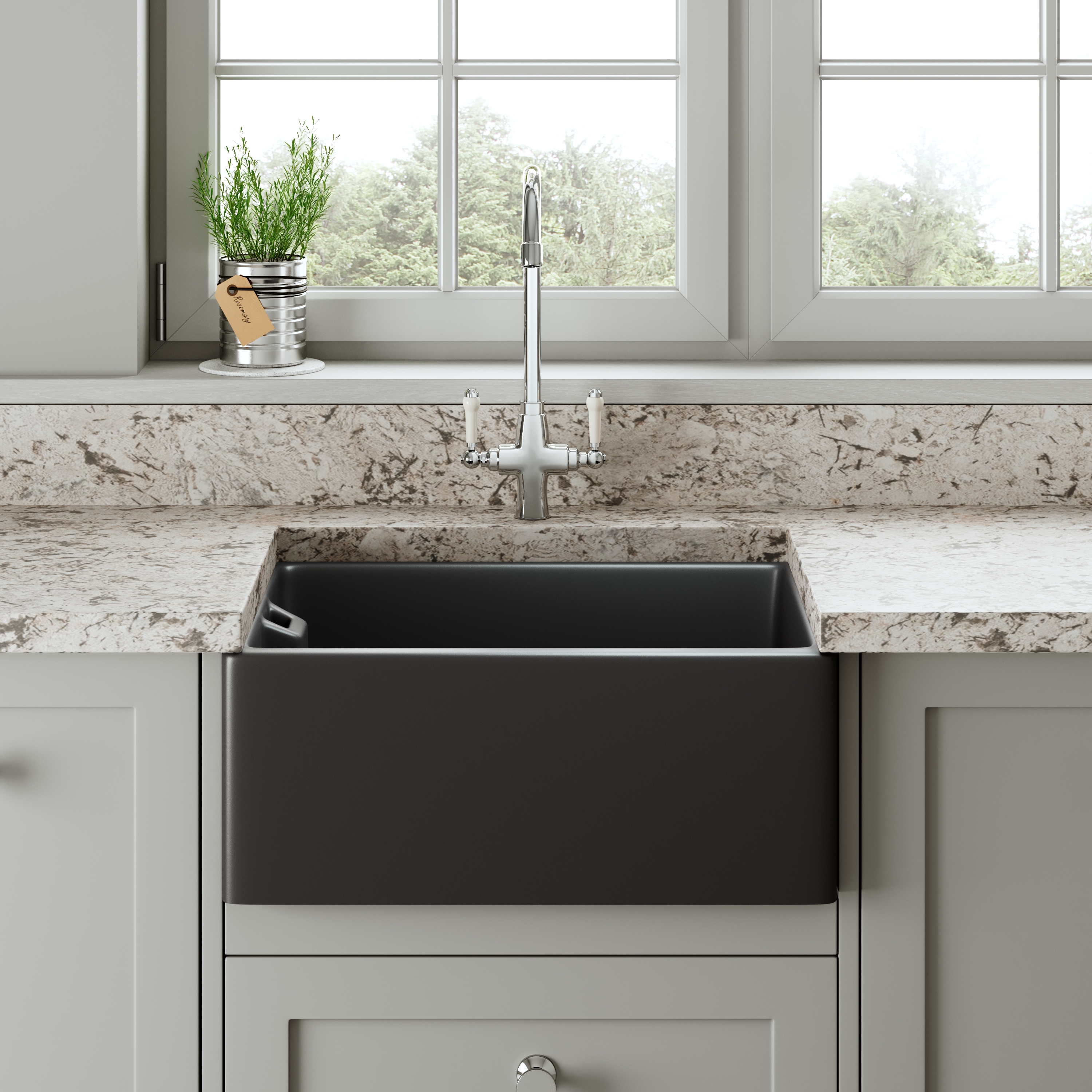 Butler & Rose Soft Black Ceramic Fireclay Belfast / Butler Kitchen Sink - 595 x 455mm