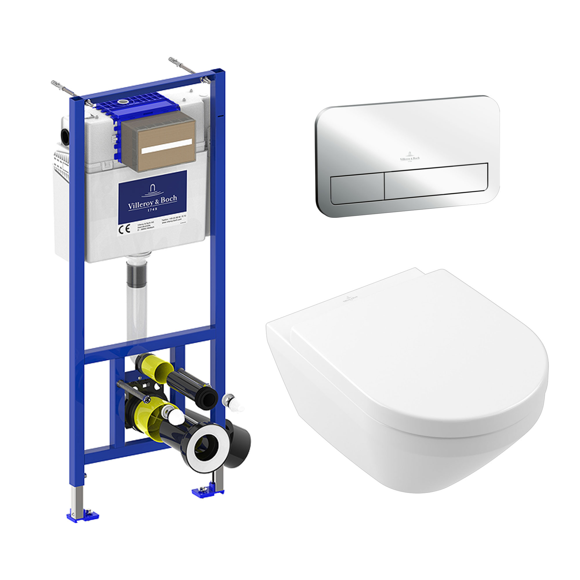 Villeroy & Boch ViConnect Pro 2.0 Frame with Architectura TwistFlush Rimless Wall Mounted Toilet, Flush Plate & Soft Close Toilet Seat