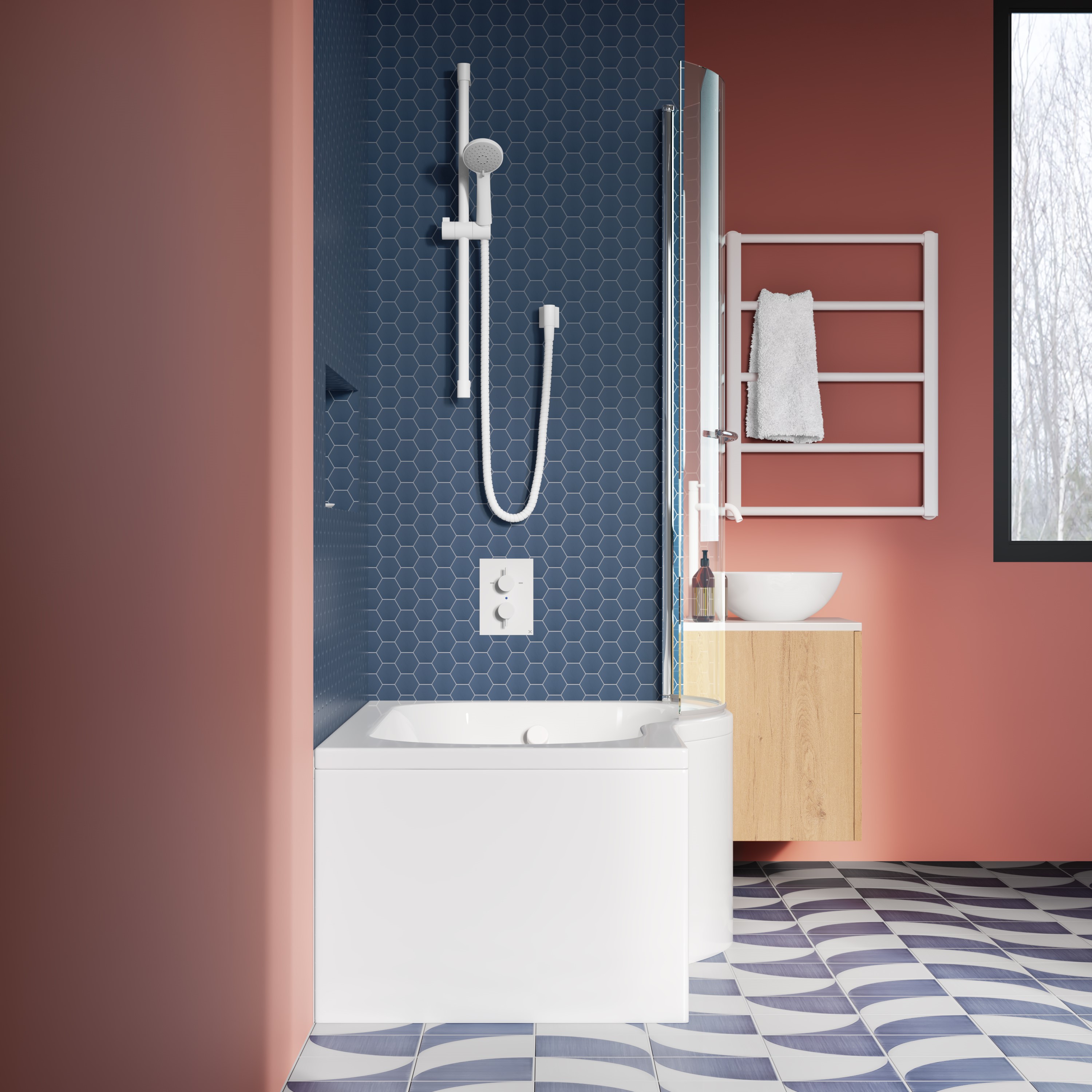 Drench Curved Polished Chrome Hinged P-Bath Screen With Towel Rail - 1435 x 700mm