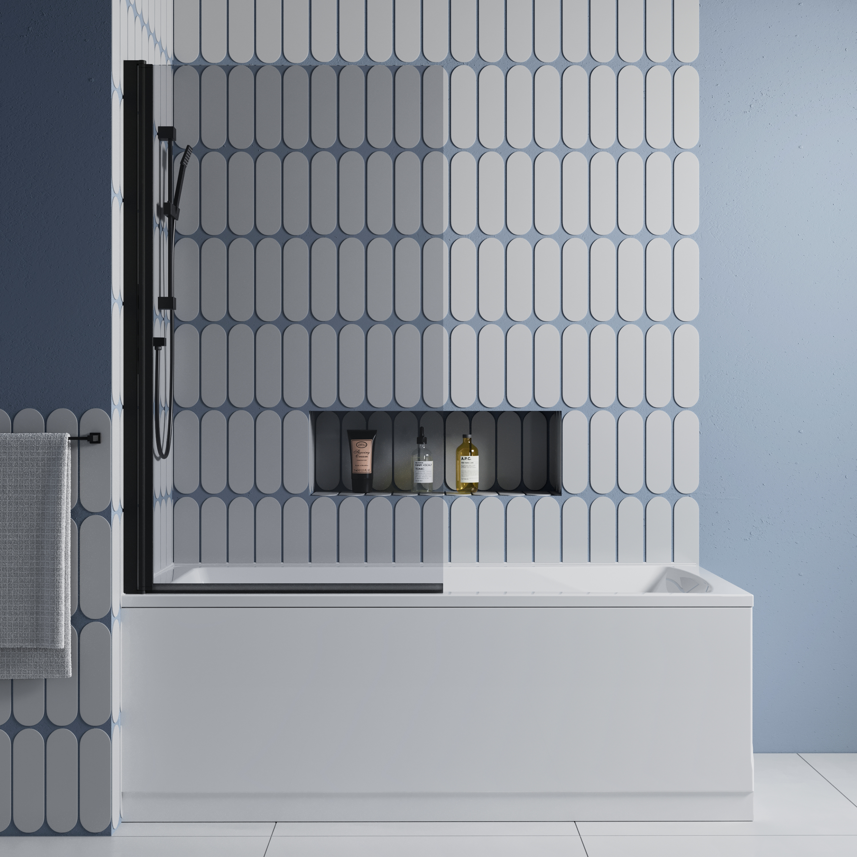 Vellamo City Matt Black 6mm Smoked Black Glass Hinged Bath Screen - 1400 x 800mm