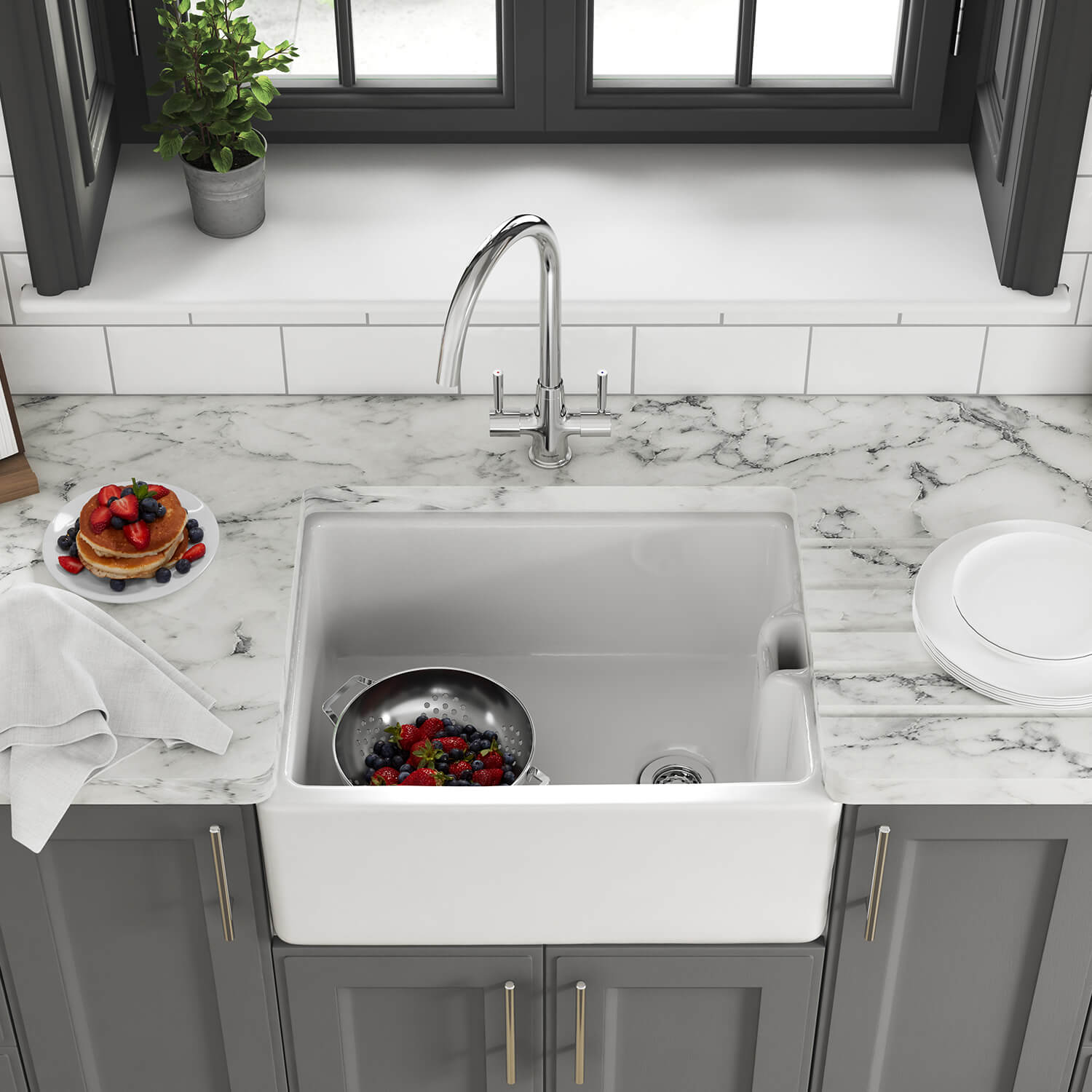 Thomas Denby Belfast 1 Bowl Gloss White Ceramic Kitchen Sink - 595 x 460mm