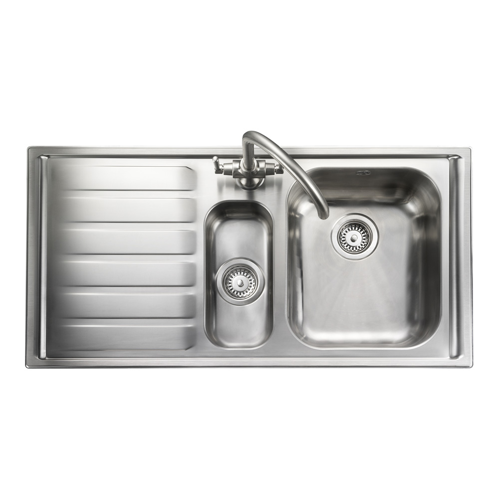 Rangemaster Manhattan 1.5 Bowl Brushed Stainless Steel Sink & Waste Kit with Left Hand Drainer - 1010 x 515mm