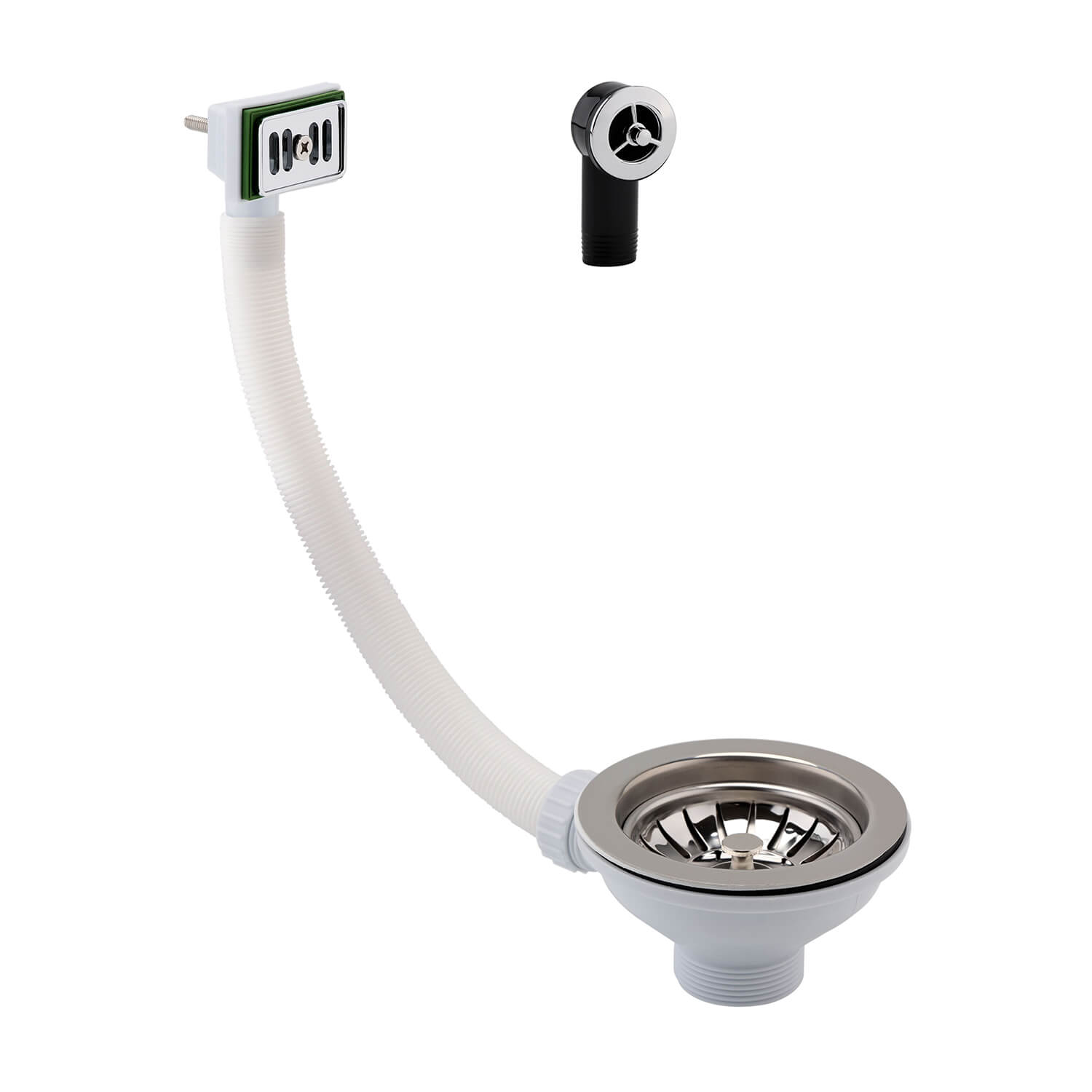 Chrome Basket Strainer Kitchen Sink Waste, Overflow Pipework & Overflow Cover