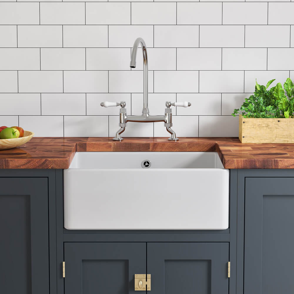 Butler & Rose Ceramic Fireclay Belfast / Butler Kitchen Sink with Waste - 595 x 450mm - PDP Mockup!!!