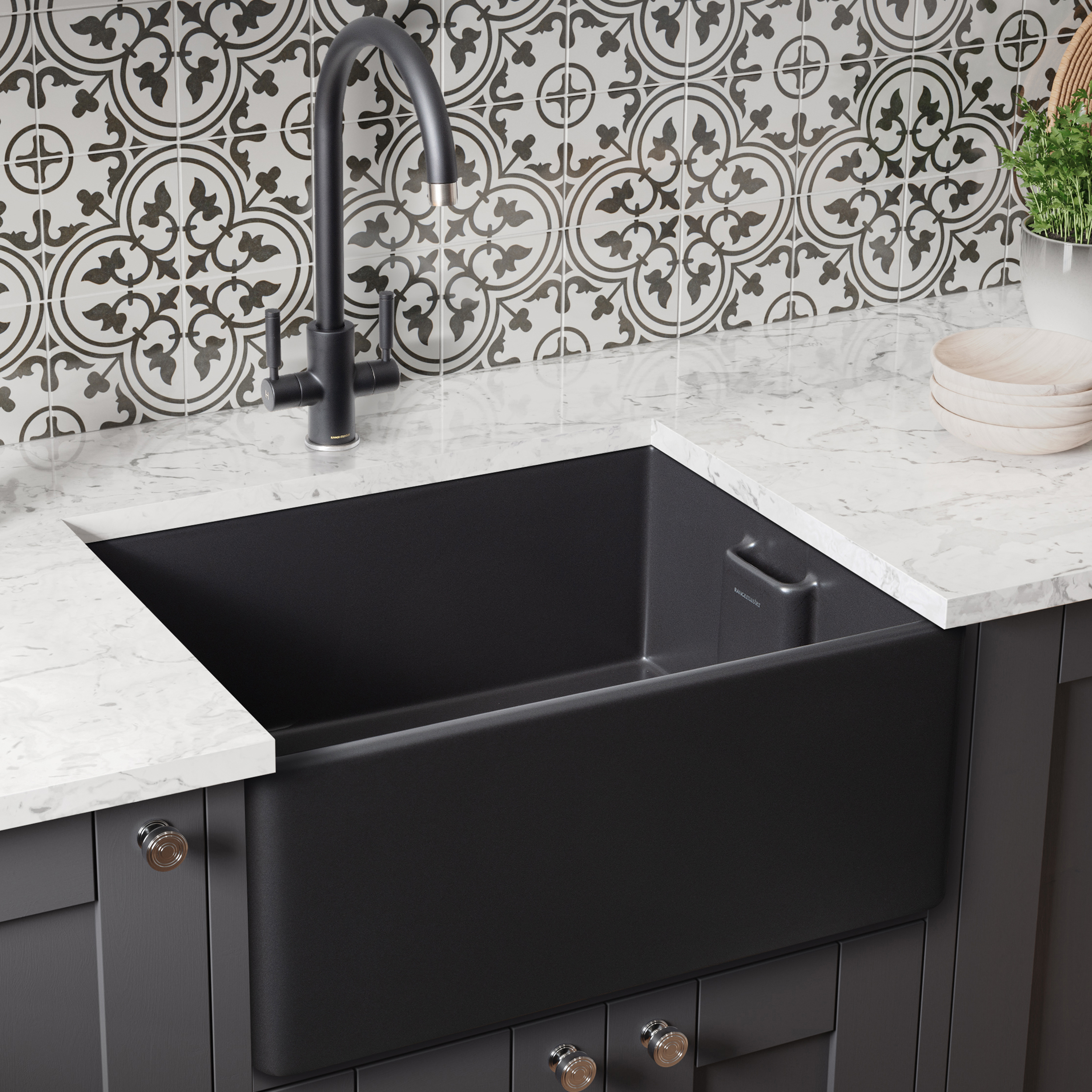 Rangemaster Grange Belfast 1 Bowl Matt Black Fireclay Ceramic Kitchen Sink & Waste - 595 x 455mm