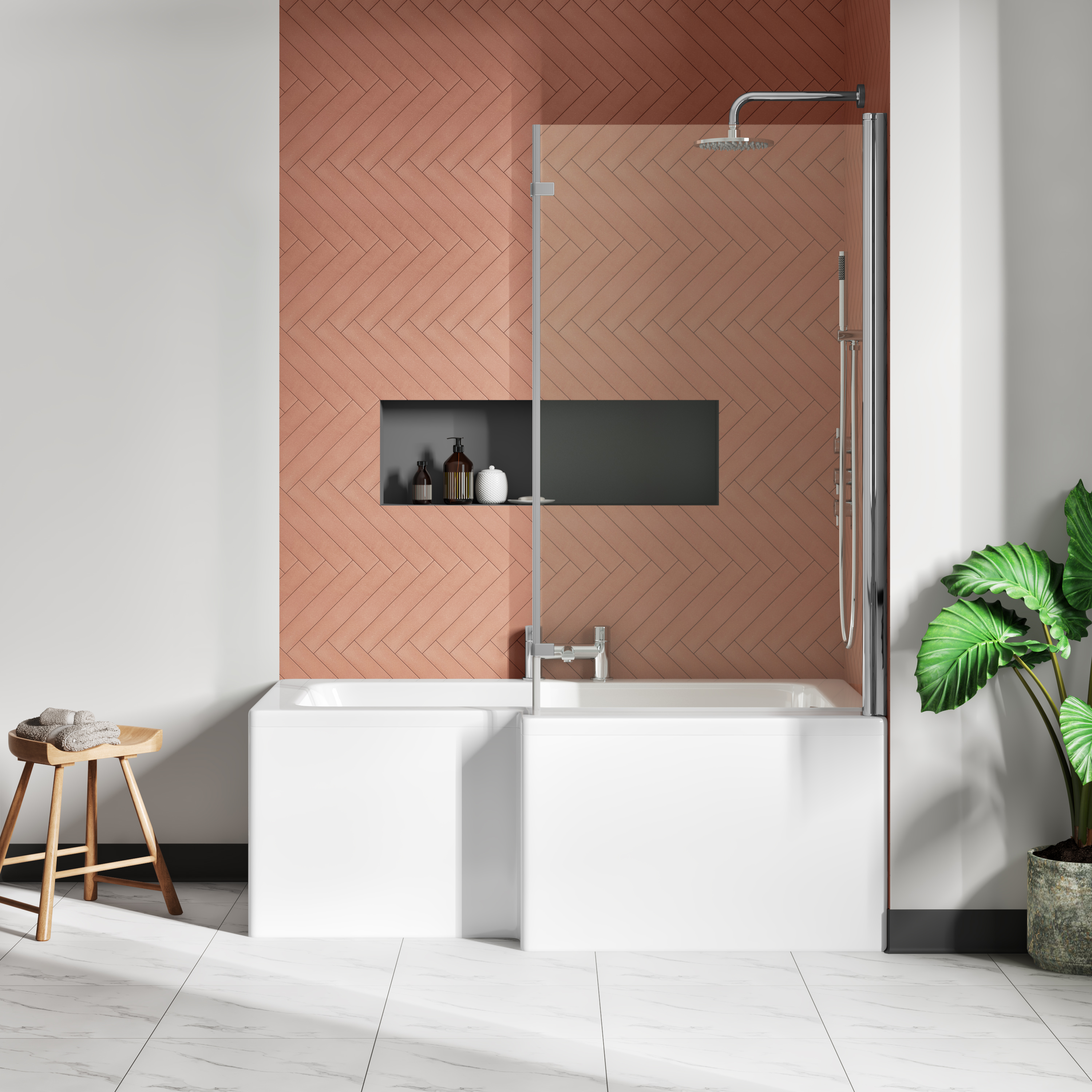 Drench Polished Chrome Hinged L-Shaped Bath Screen with Fixed Return - 1400 x 815mm
