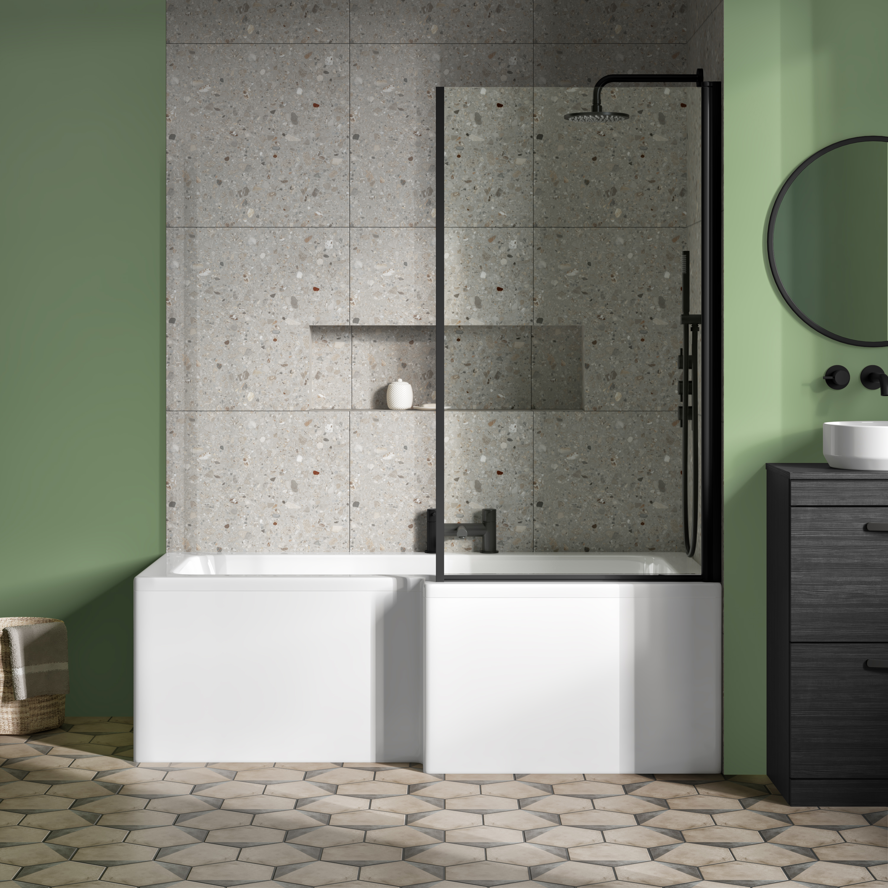 Vellamo City 6mm Matt Black Square Corner Hinged Bath Screen With Fixed Return - 1430 x 780mm