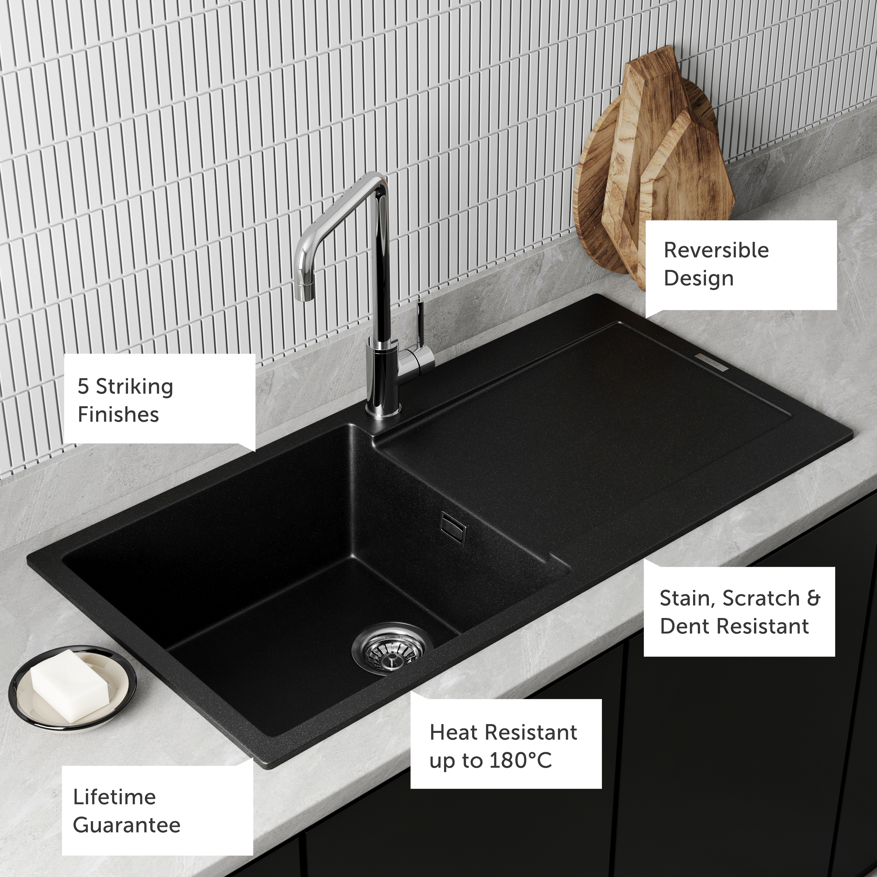 Vellamo Rocca Large 1 Bowl Granite Composite Inset Kitchen Sink & Waste - 1000 x 500mm