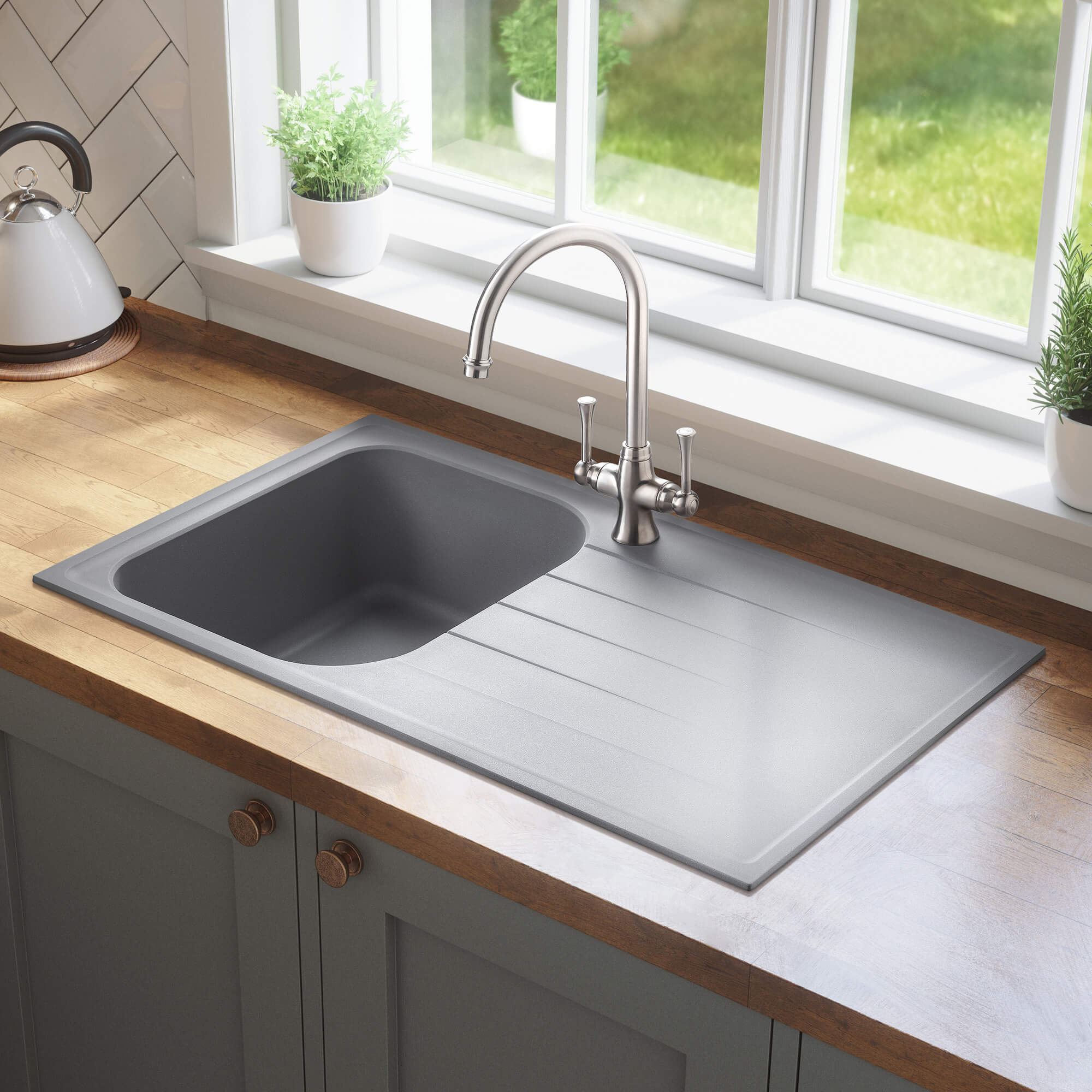 Rangemaster Amethyst Igneous Granite Compact Single Bowl Kitchen Sink with Reversible Drainer & Waste Kit - 860 x 500mm