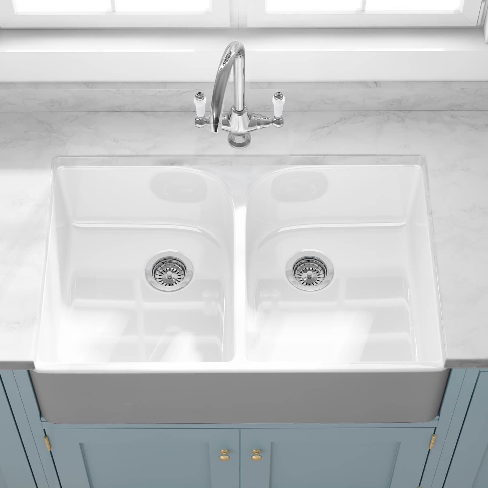 Butler & Rose Fireclay Ceramic White Double Belfast Kitchen Sink, Tap & Waste