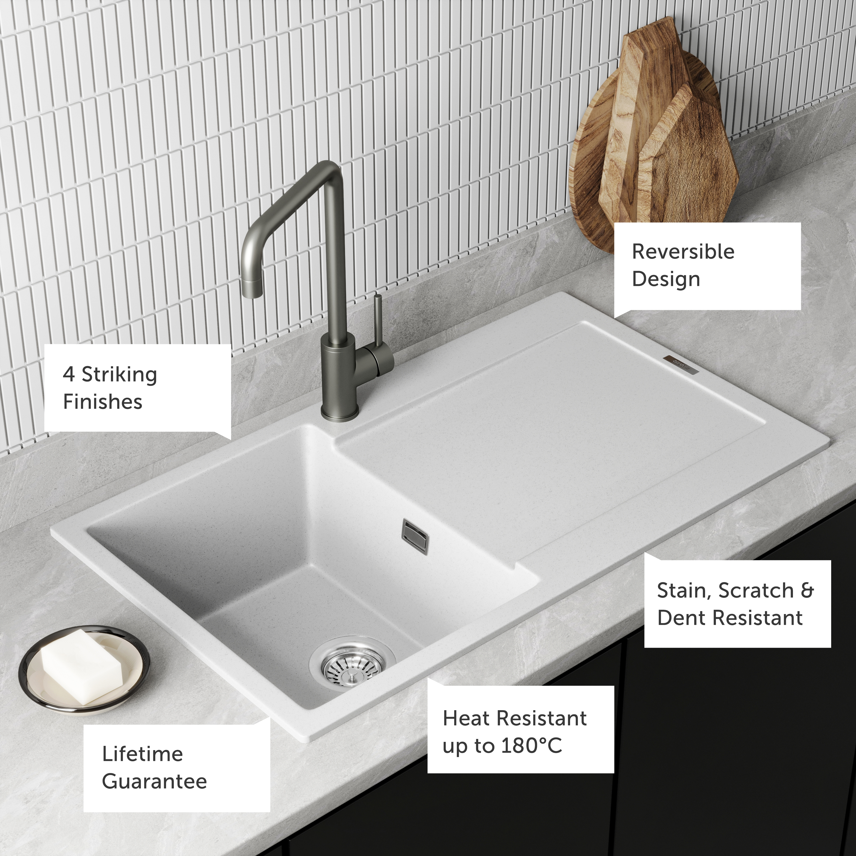 Vellamo Rocca Compact 1 Bowl Granite Composite Inset Kitchen Sink & Waste - 860 x 500mm