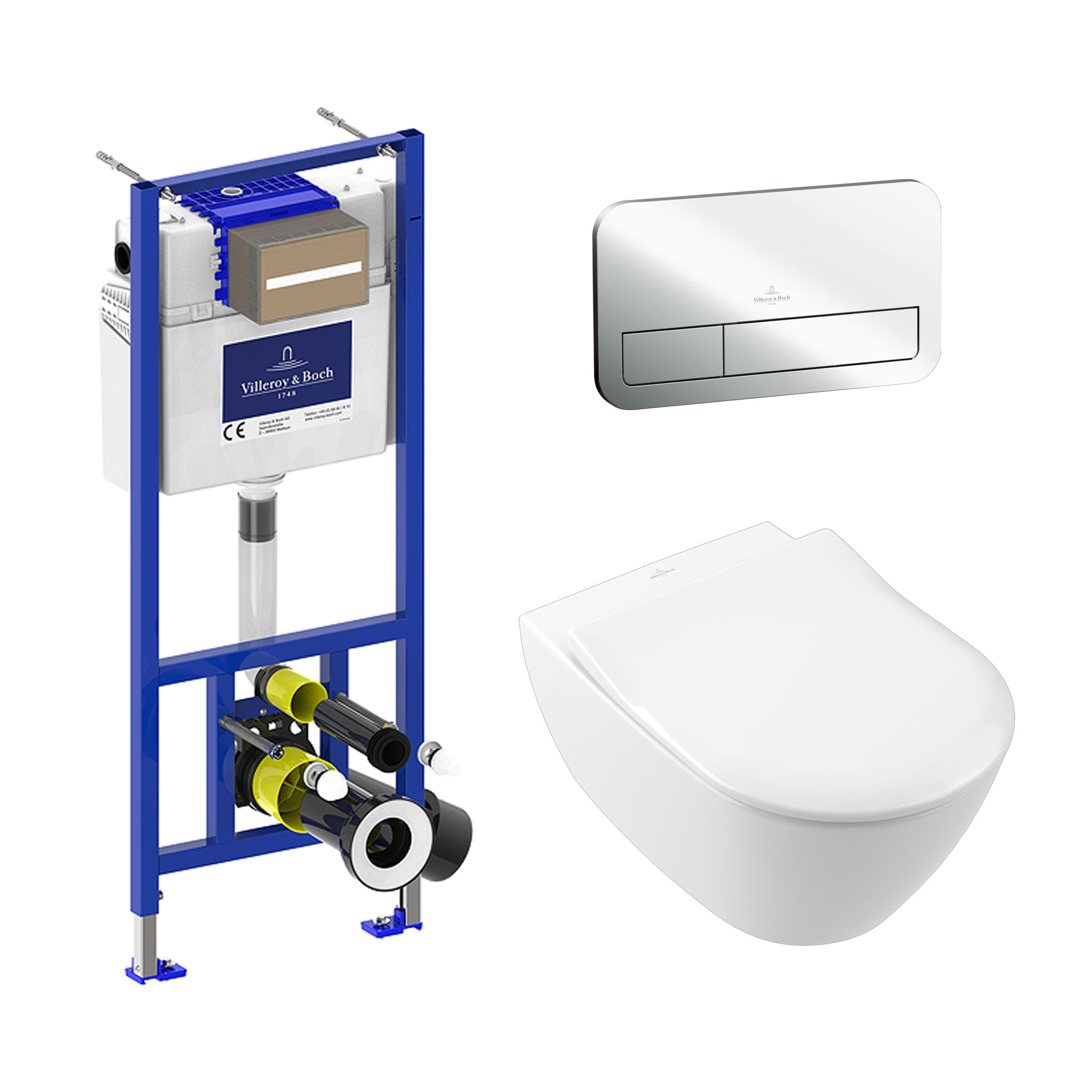 Villeroy & Boch ViConnect Pro 2.0 Frame with Subway 2.0 Rimless Wall Mounted Toilet, Flush Plate & Soft Close Toilet Seat