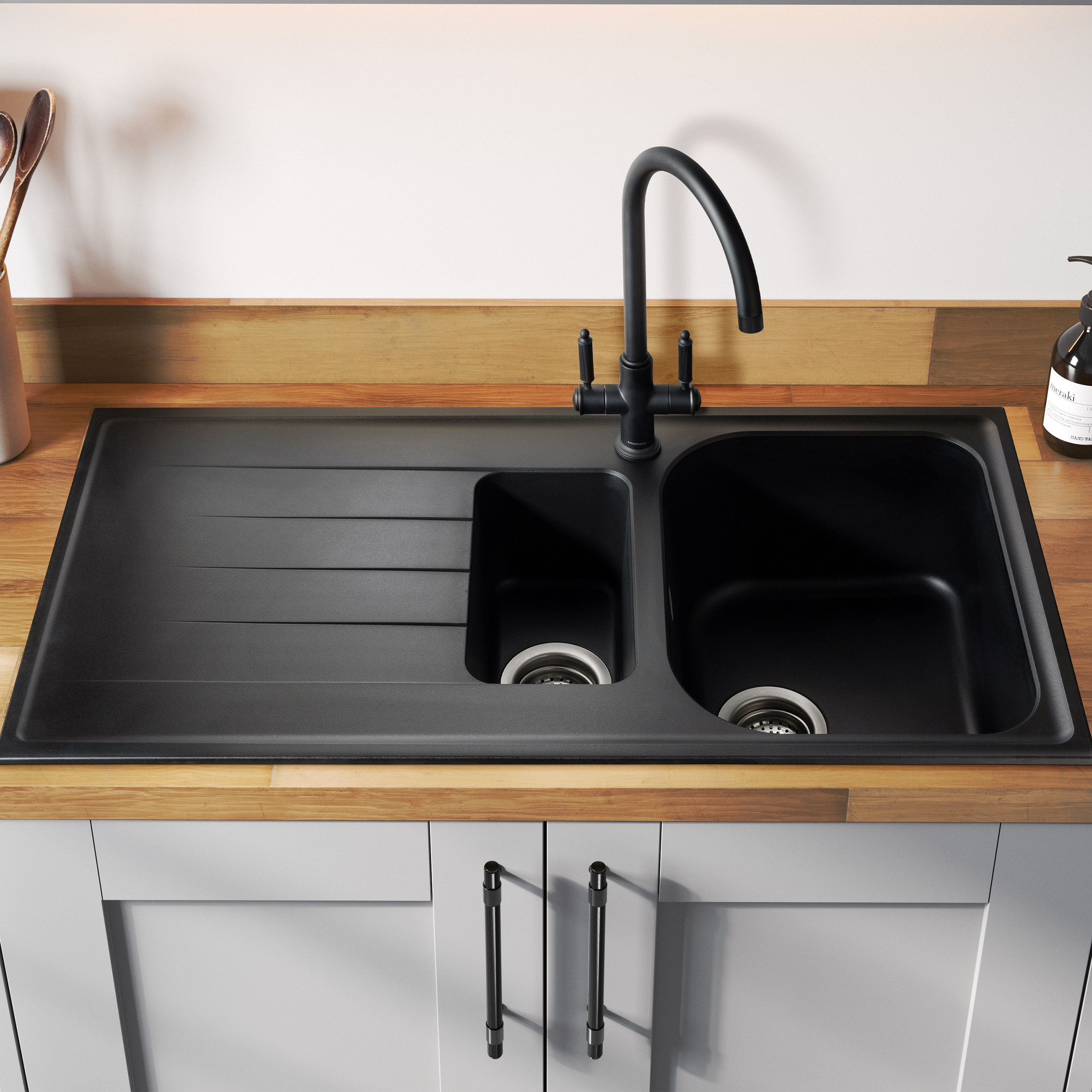Rangemaster Amethyst Igneous Granite 1.5 Bowl Kitchen Sink with Reversible Drainer & Waste Kit - 1000 x 500mm