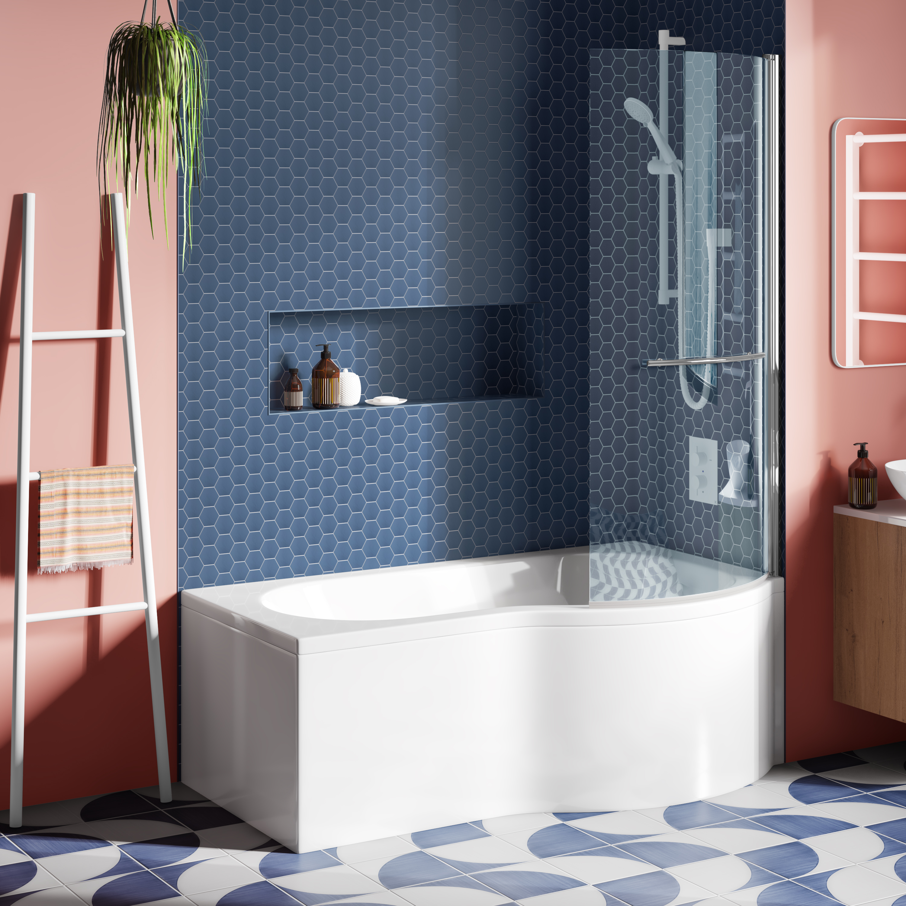 Drench Curved Polished Chrome Hinged P-Bath Screen With Towel Rail - 1435 x 700mm