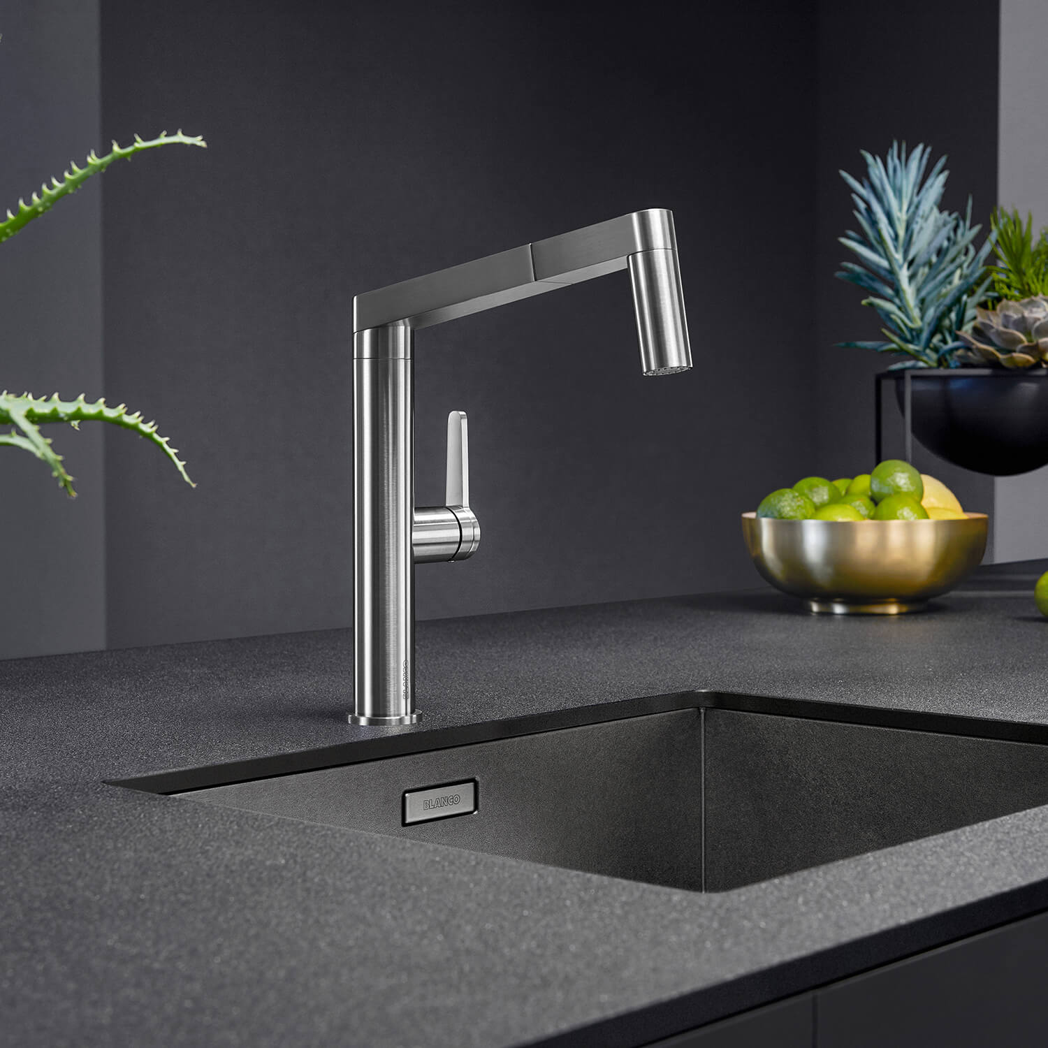 Blanco Panera-S Eco Cold Start Single Lever Brushed Stainless Steel Pull Out Mono Kitchen Mixer Spray Tap