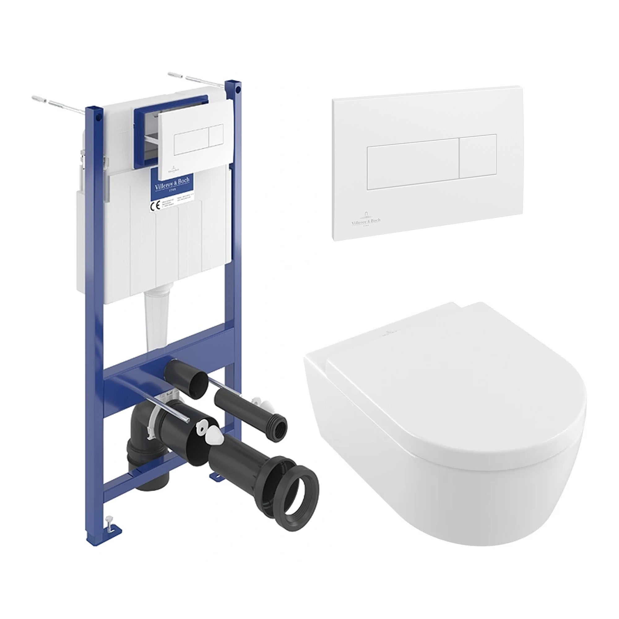 Villeroy & Boch ViConnect Pro S Frame with Arto Wall Mounted Rimless Toilet, Flush Plate & Soft Close Toilet Seat