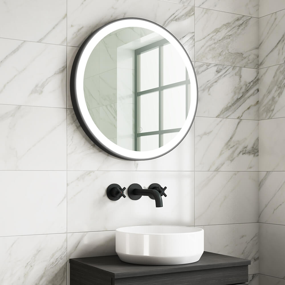 Harbour Status LED Illuminated Black Frame Round Mirror with Demister Pad & Colour Change LEDs - 2 Sizes