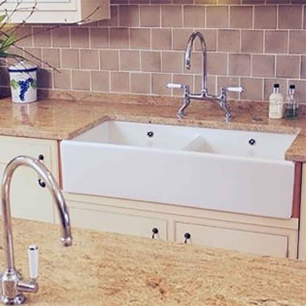 Shaws Contemporary Shaker White Ceramic Double Bowl Belfast Kitchen Sink - 995mm x 465mm