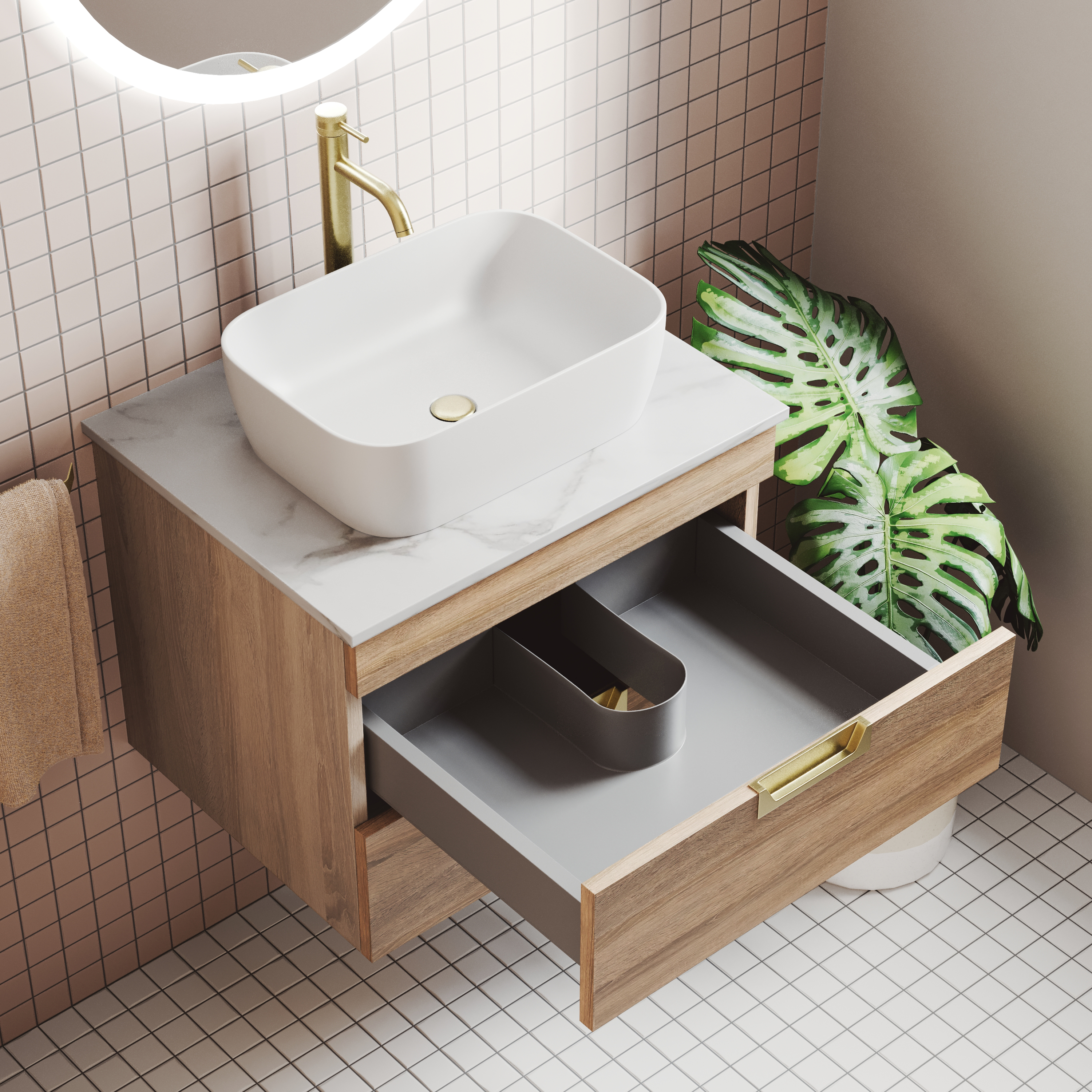 Isla 600mm Wall Hung Vanity Unit & Marble Sintered Stone Countertop