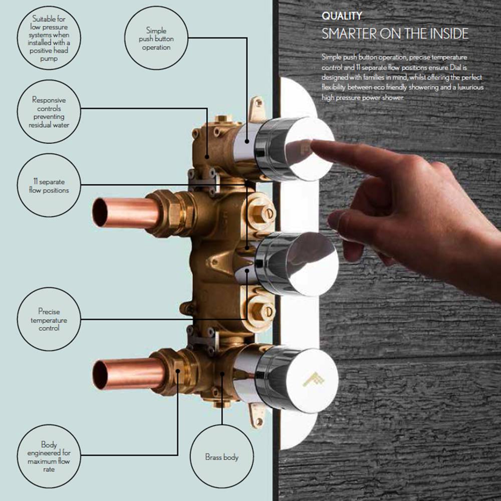 Crosswater Dial Kai Lever 2 Control Shower Valve with Single Mode Handset, Fixed Head & Arm