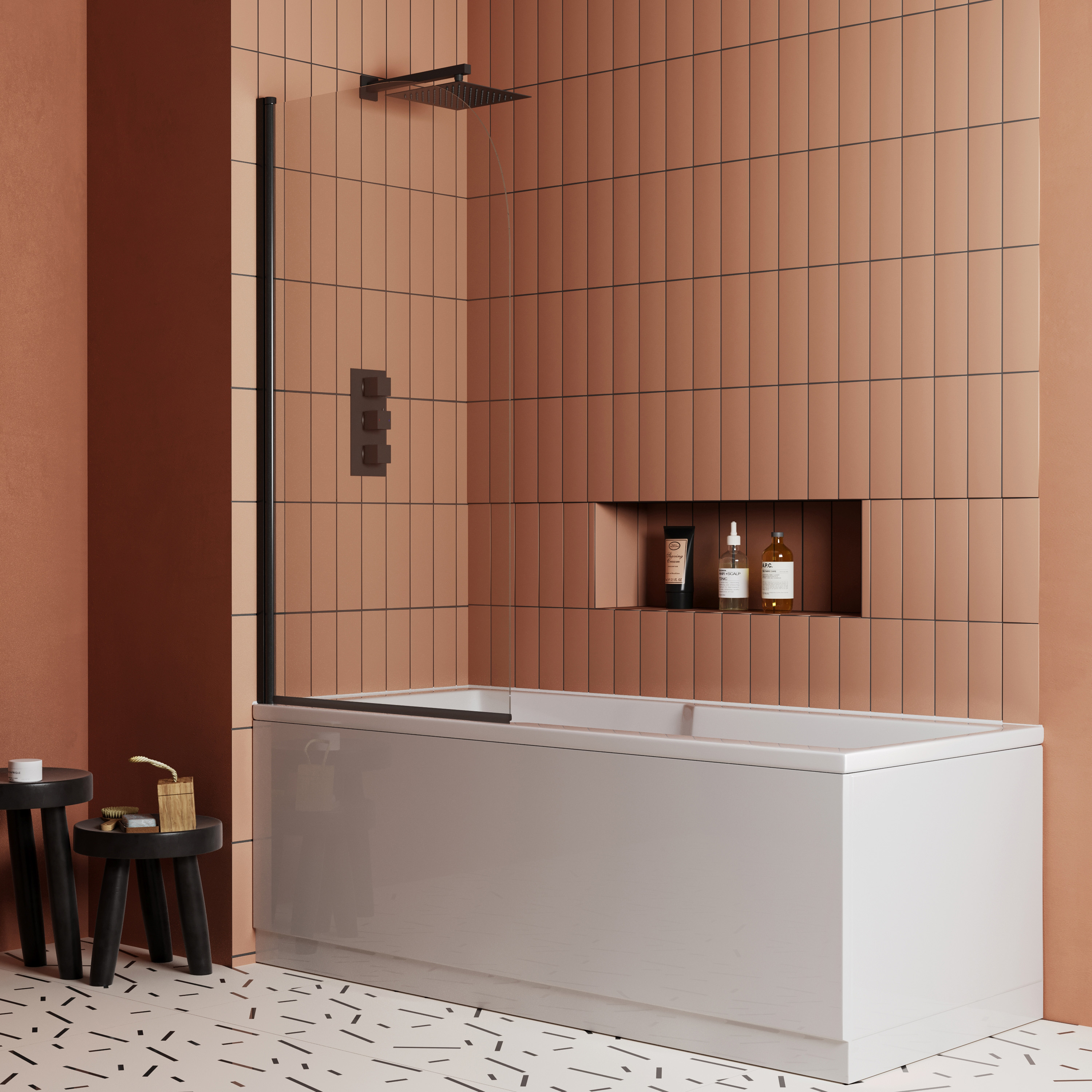 Vellamo City 6mm Matt Black Curved Corner Hinged Bath Screen - 1430 x 770mm