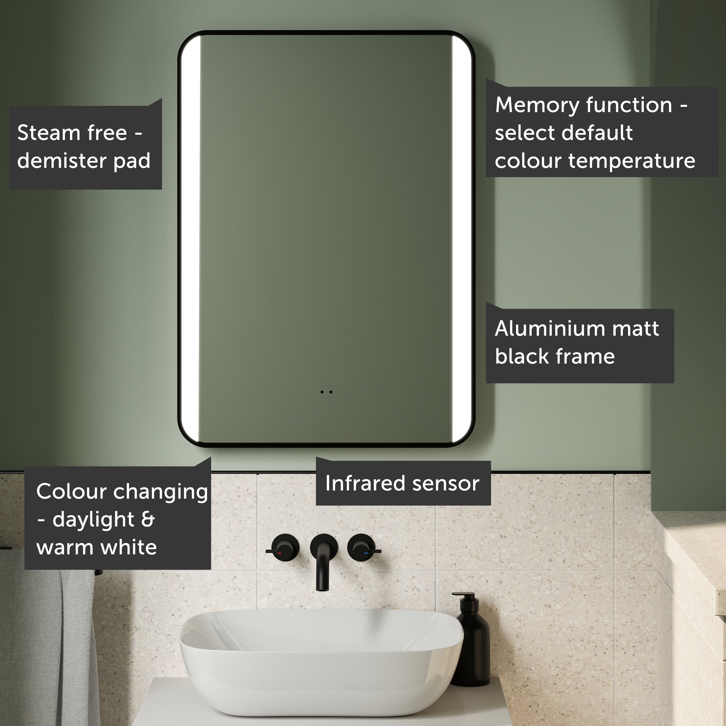 Vellamo LED Illuminated Matt Black Mirror with Demister Pad & Colour Change LEDs - 500 x 700mm