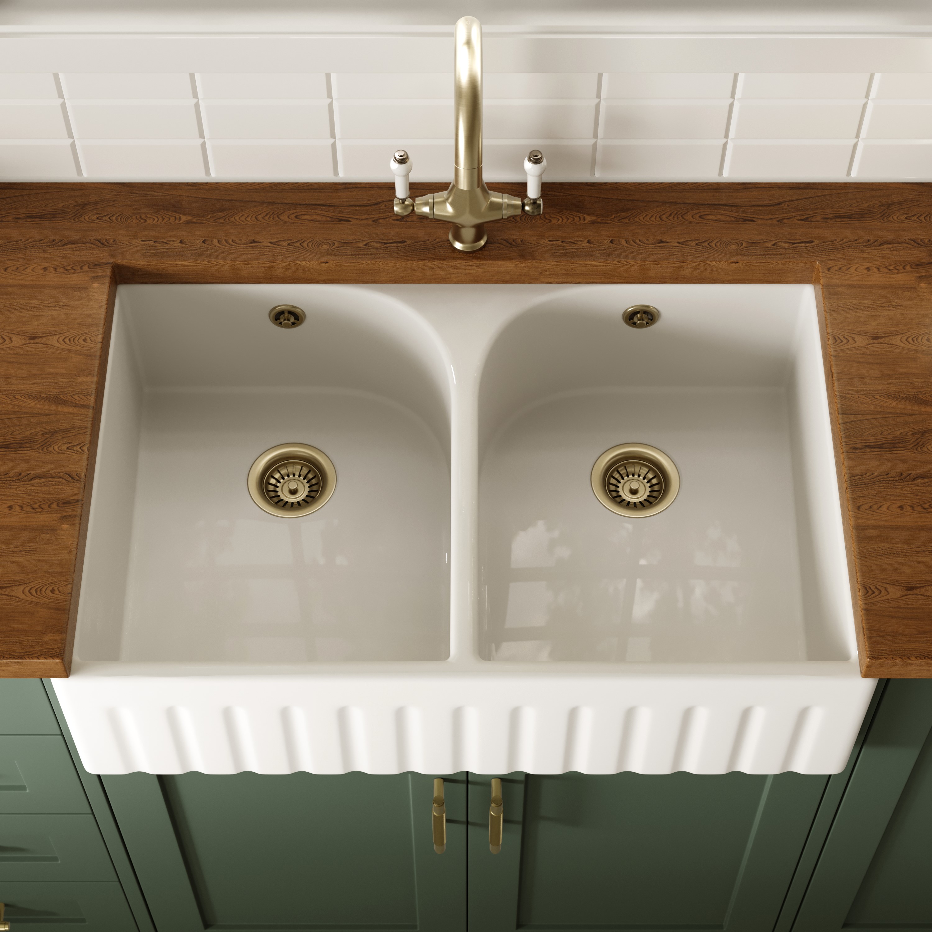 Butler & Rose Fluted Ceramic Fireclay Double Belfast / Butler Kitchen Sink - 795 x 500mm