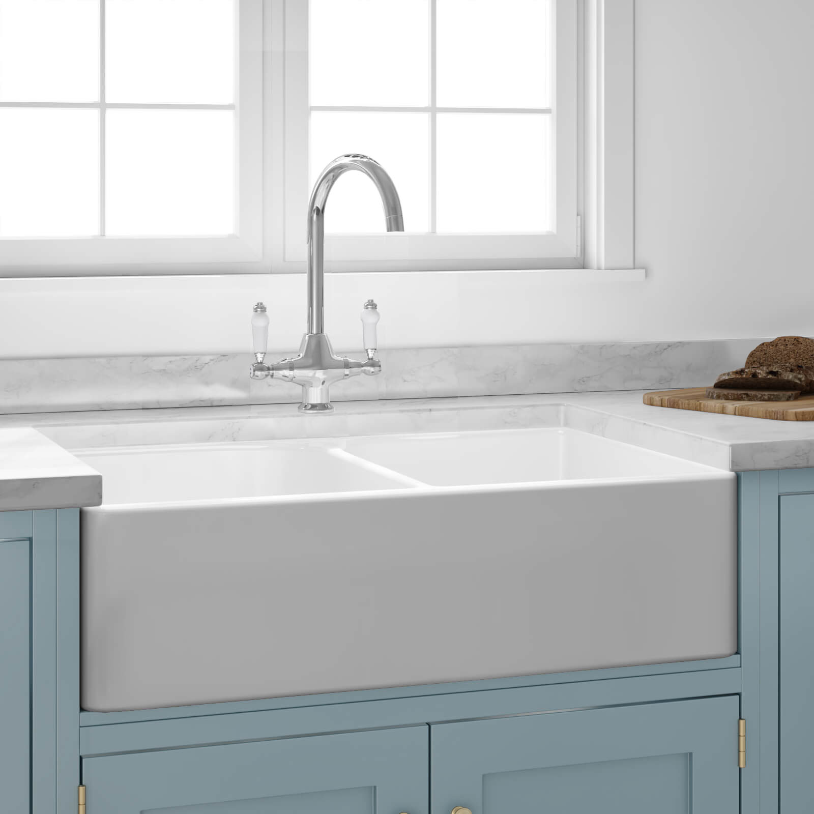 Butler & Rose Fireclay Ceramic White Double Belfast Kitchen Sink, Tap & Waste