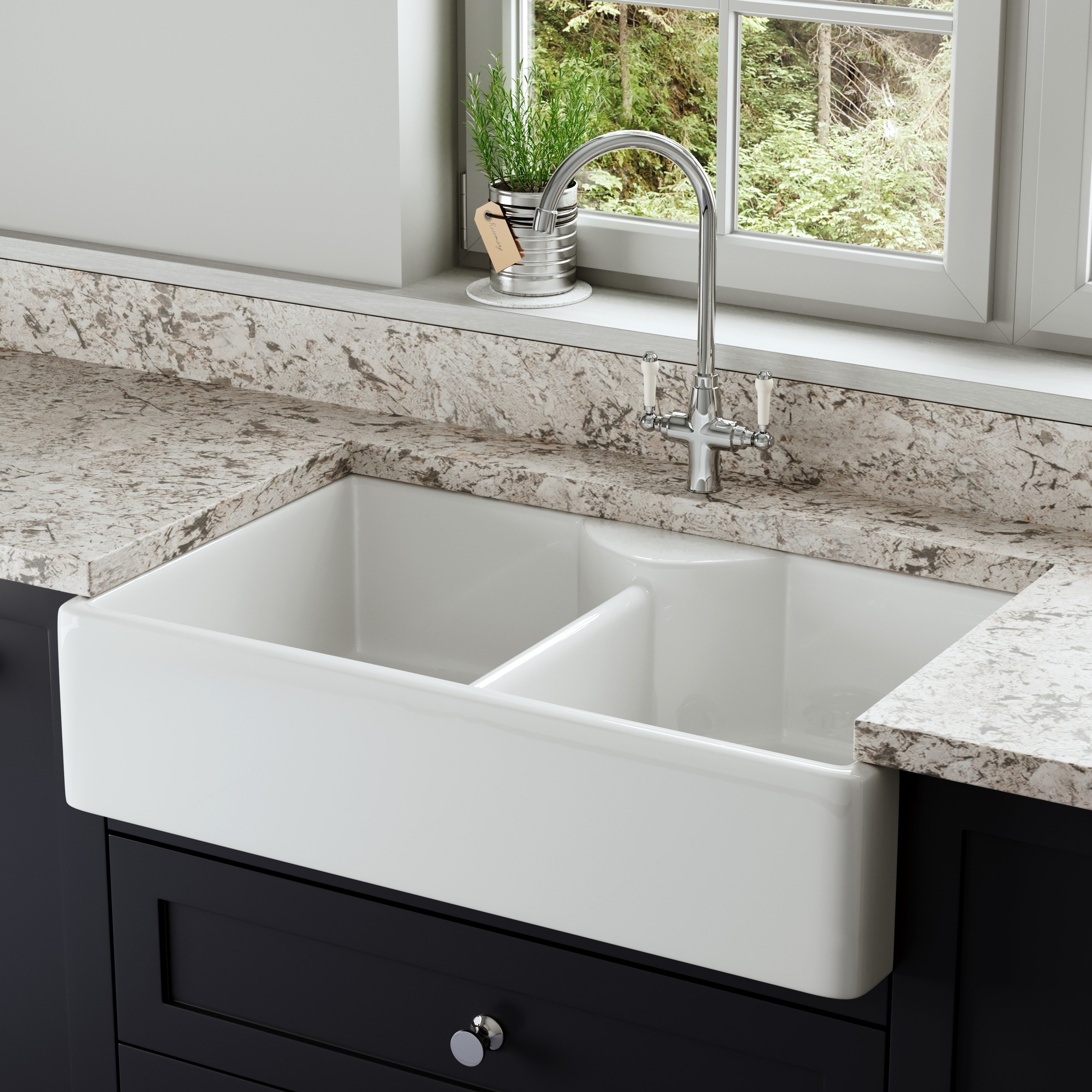Butler & Rose Large Double Belfast / Butler Ceramic Fireclay Kitchen Sink - 895 x 550mm