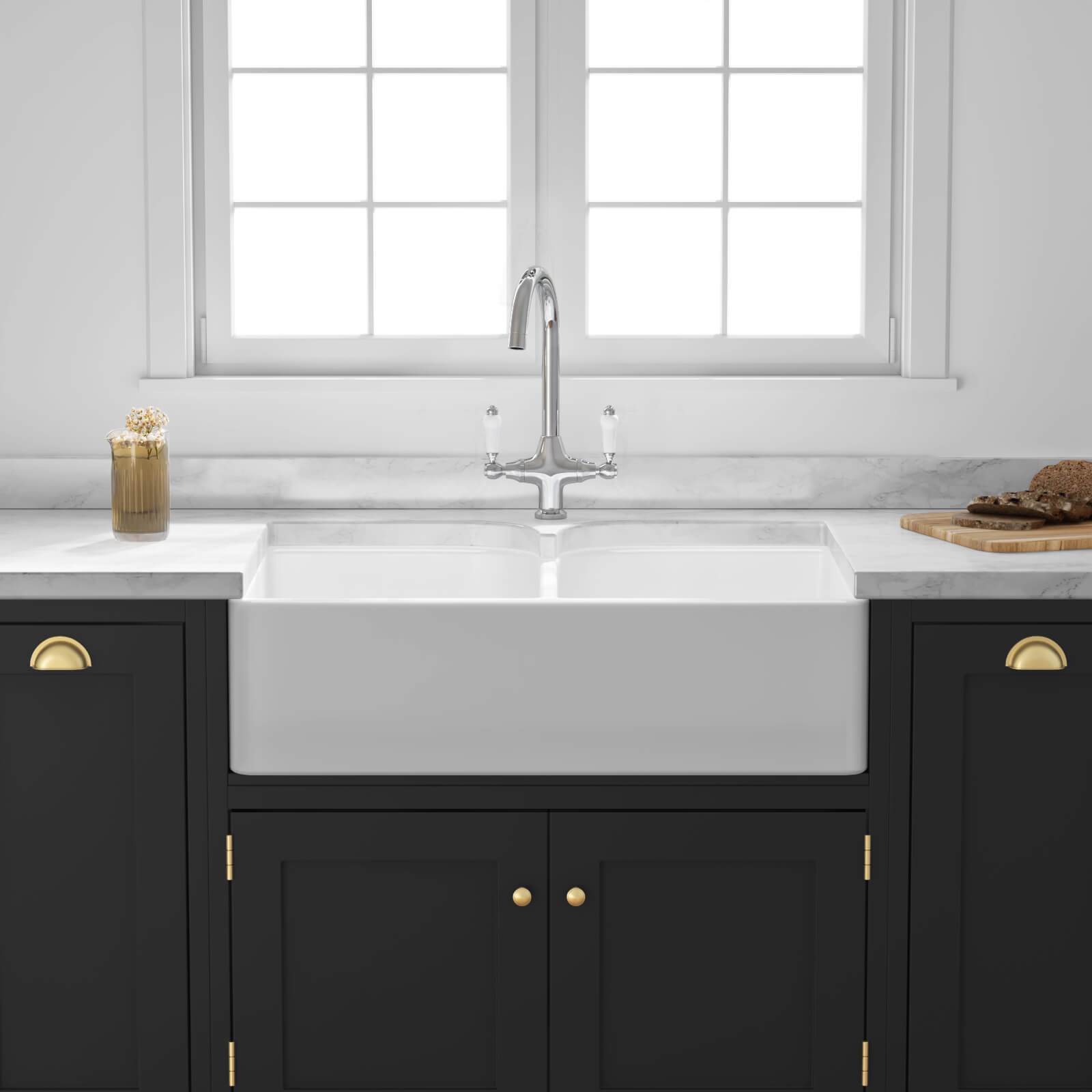 Butler & Rose Fireclay Ceramic White Double Belfast Kitchen Sink, Tap & Waste