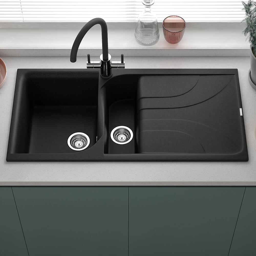 Reginox Ego Black Spek Granite 1.5 Bowl Kitchen Sink & Vellamo Caspian Dual Lever Mono Kitchen Mixer