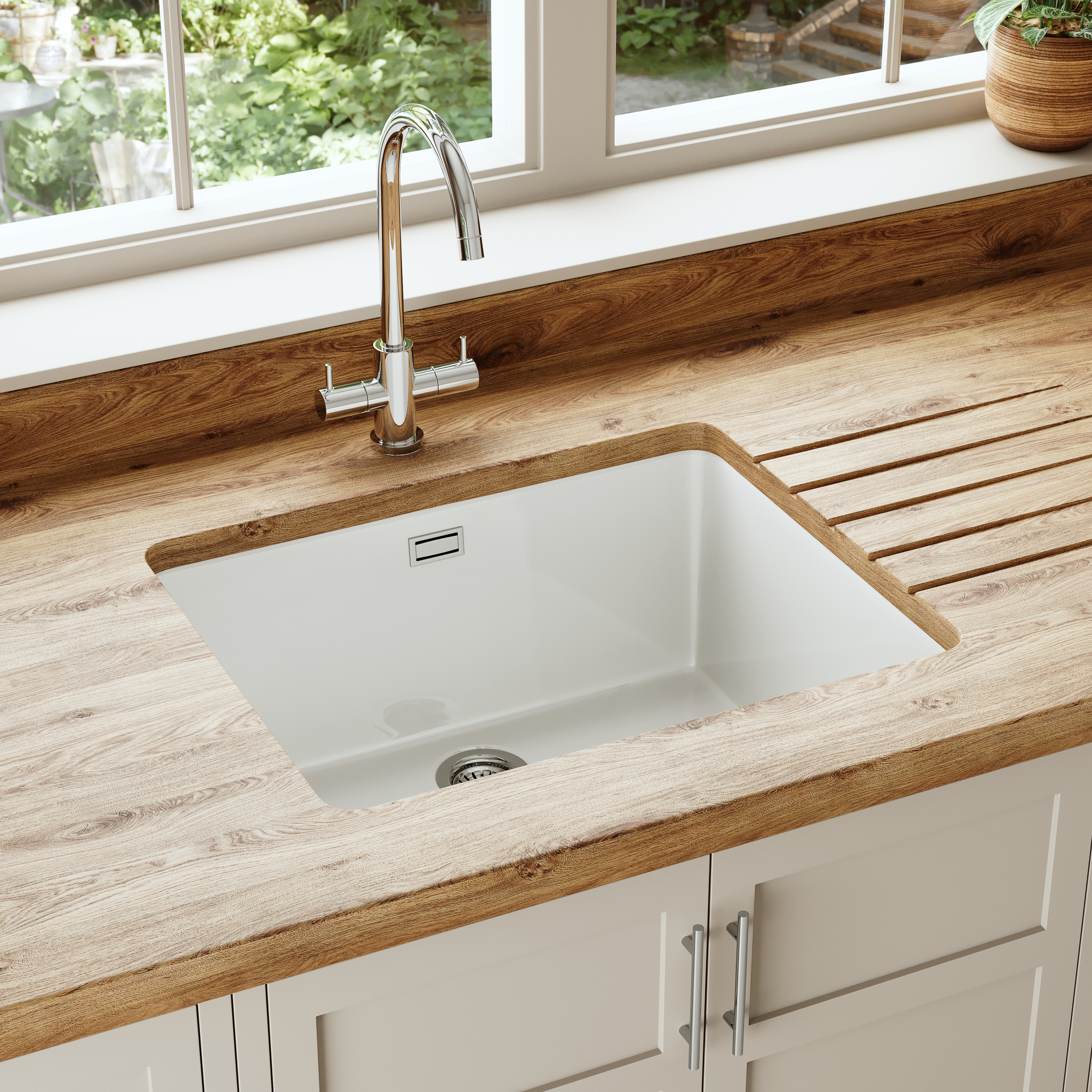 Butler & Rose Bryn Large 1 Bowl White Fine Fireclay Ceramic Inset/Undermount Kitchen Sink - 526mm x 460mm
