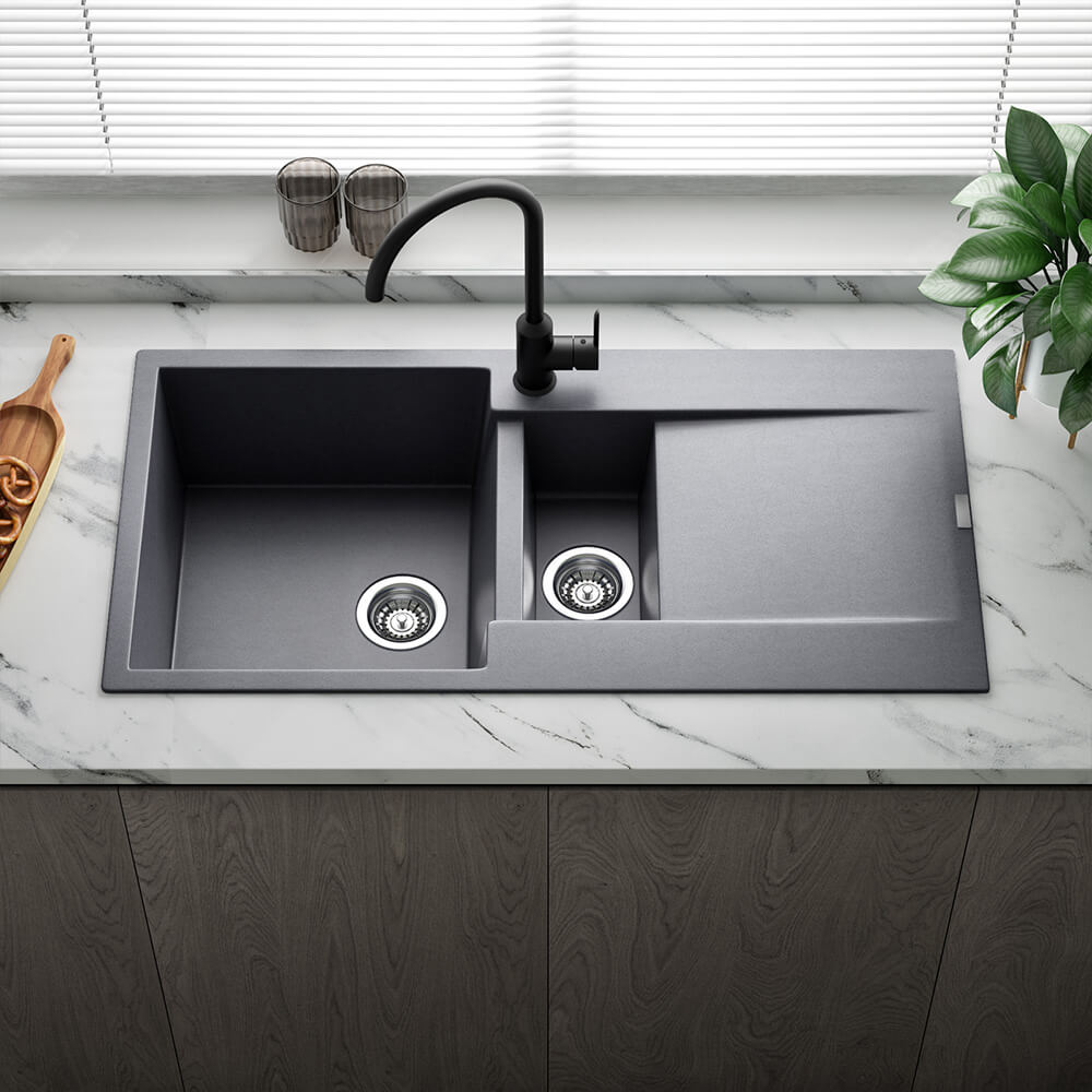 Reginox Amsterdam 1.5 Bowl Granite Composite Kitchen Sink & Waste Kit with Reversible Drainer - 1000 x 500mm