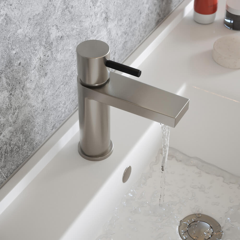The Tap Factory Vibrance Brushed Nickel Mono Basin Mixer and Basin Waste - 6 Handle Colours Available