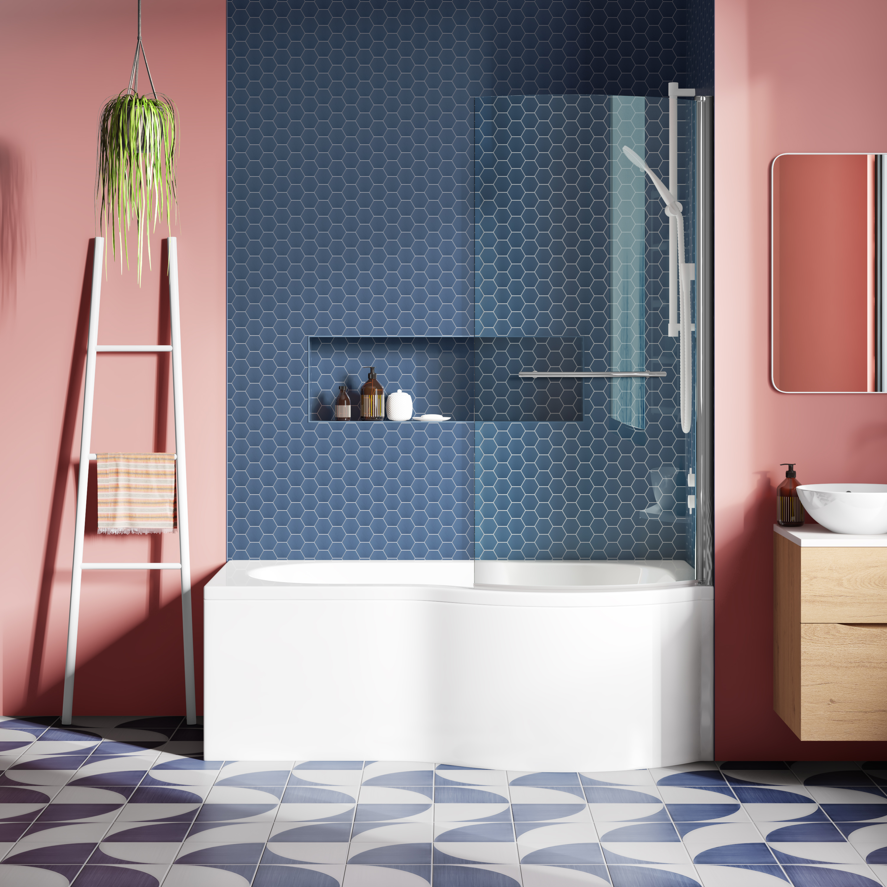 Drench Curved Polished Chrome Hinged P-Bath Screen With Towel Rail - 1435 x 700mm
