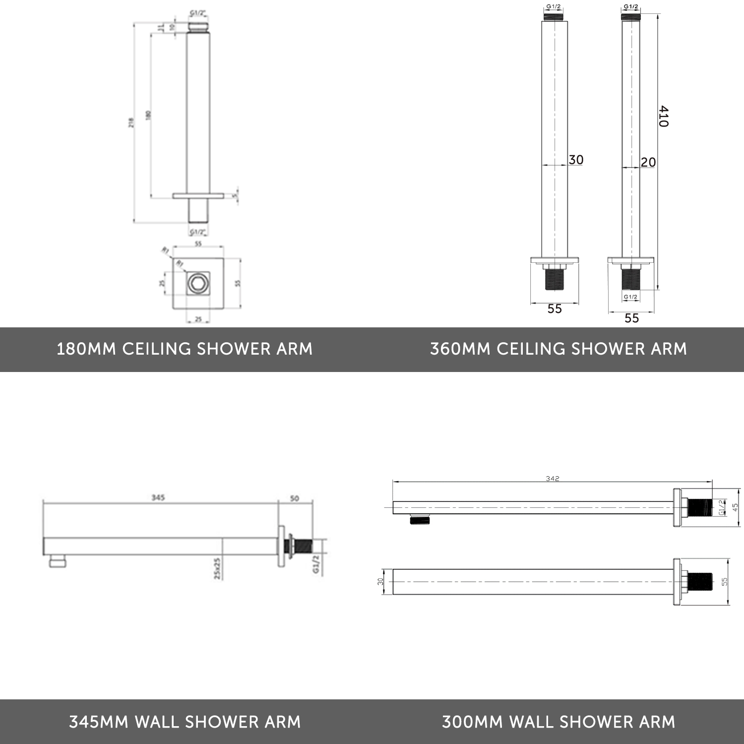Drew Square Concealed Shower Valve with Fixed Head & Slide Rail Kit