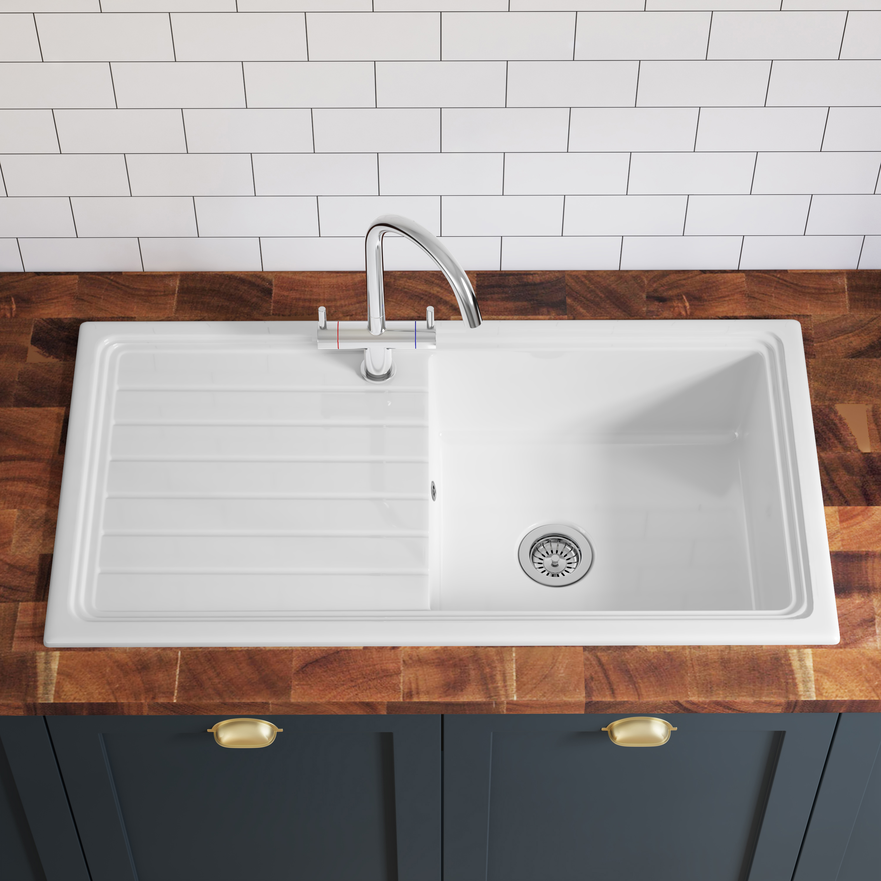 Butler & Rose 1 Bowl White Ceramic Kitchen Sink & Waste Kit with Reversible Drainer - 1010 x 525mm
