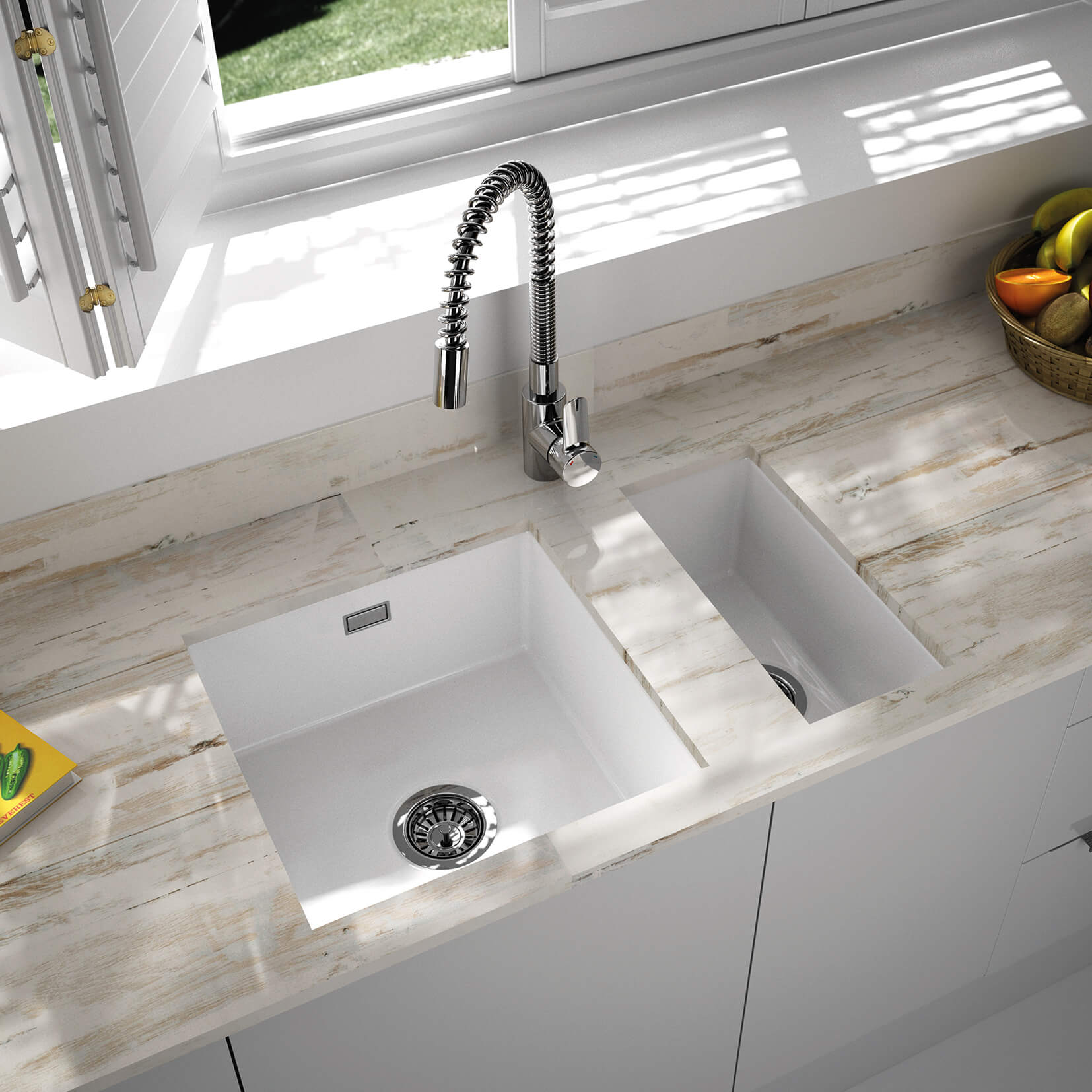 Thomas Denby Metro 1 Bowl and Half Bowl Inset or Undermount Gloss White Ceramic Kitchen Sink