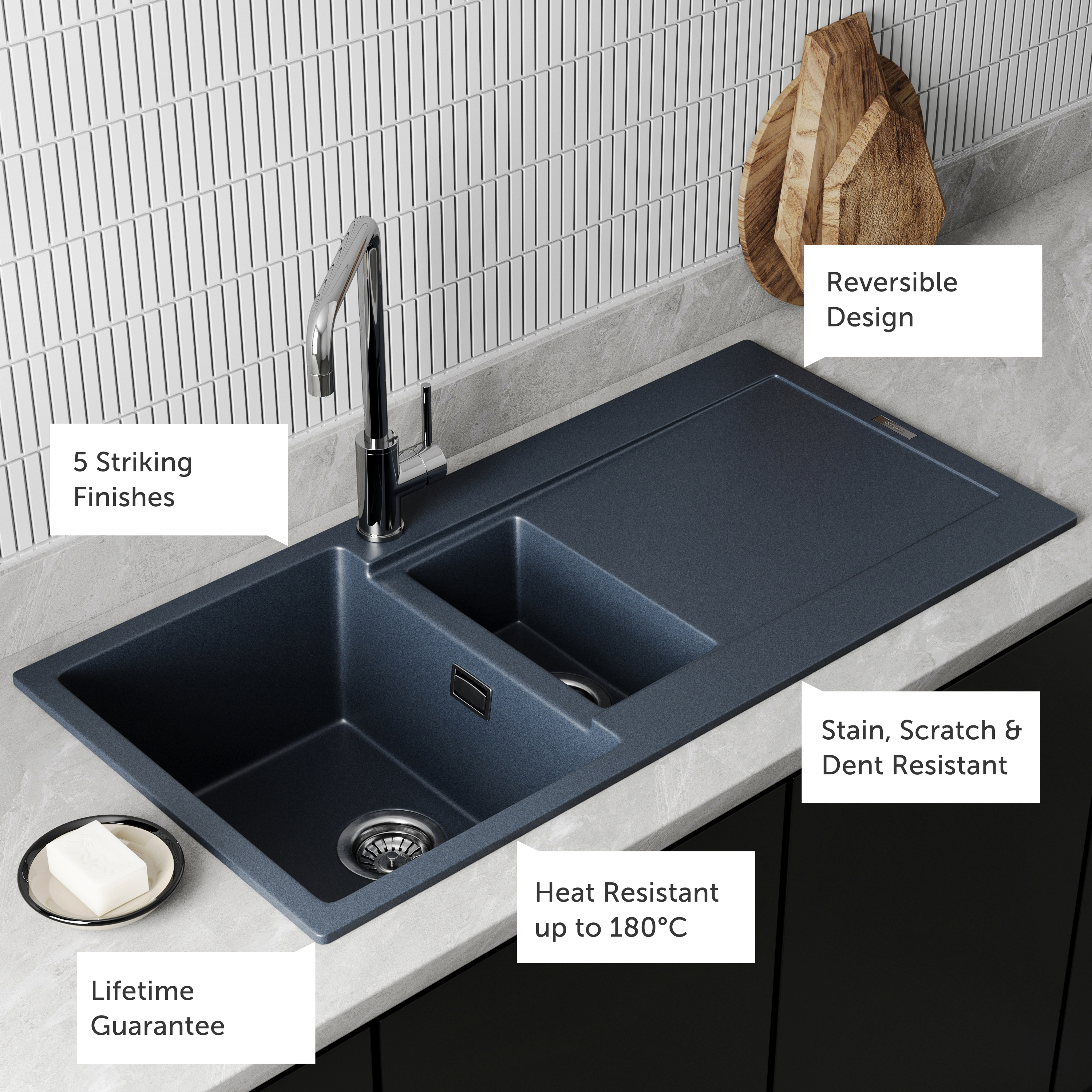 Vellamo Rocca 1.5 Bowl Granite Composite Inset Kitchen Sink & Waste - 1000 x 500mm