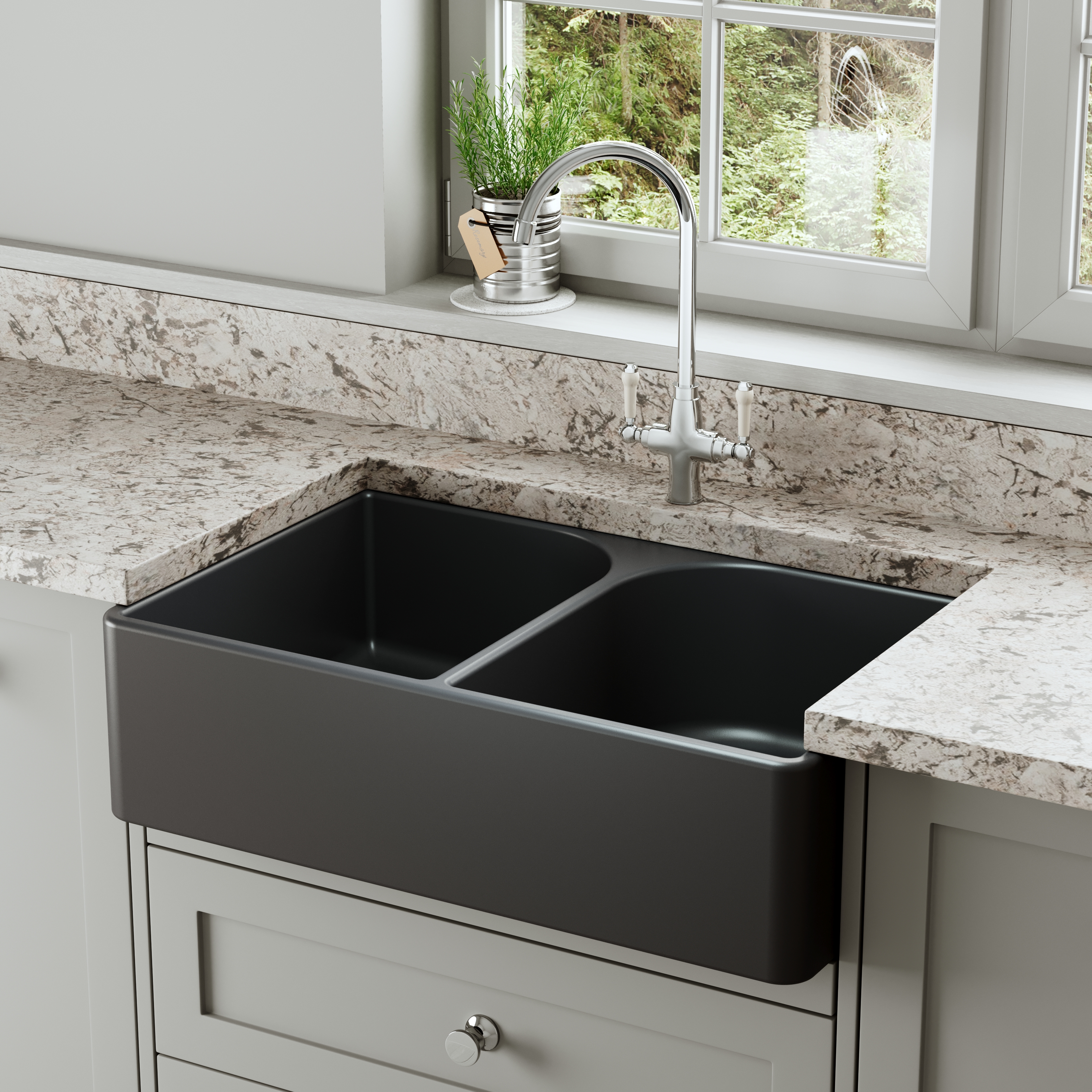 Butler & Rose Soft Black Ceramic Fireclay Double Belfast / Butler Kitchen Sink - 795 x 500mm