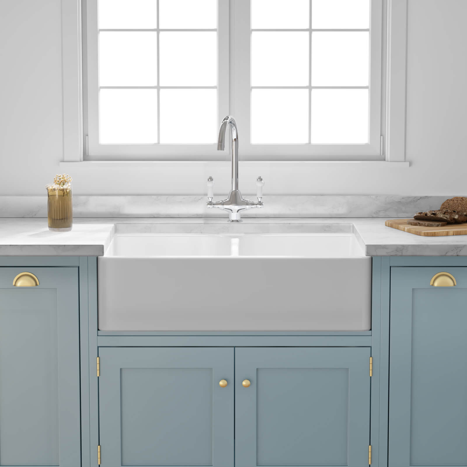 Butler & Rose Fireclay Ceramic White Double Belfast Kitchen Sink, Tap & Waste