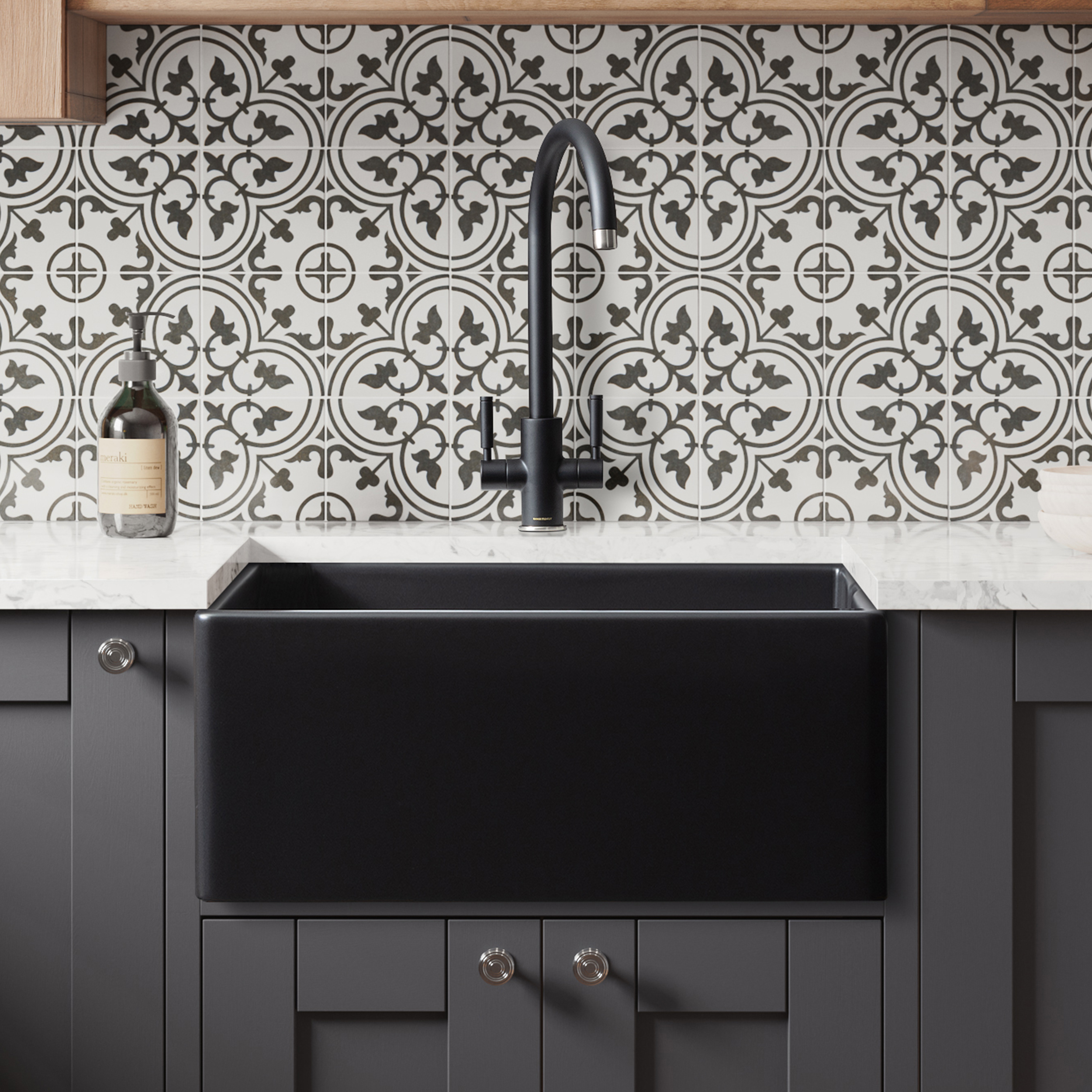Rangemaster Grange Belfast 1 Bowl Matt Black Fireclay Ceramic Kitchen Sink & Waste - 595 x 455mm
